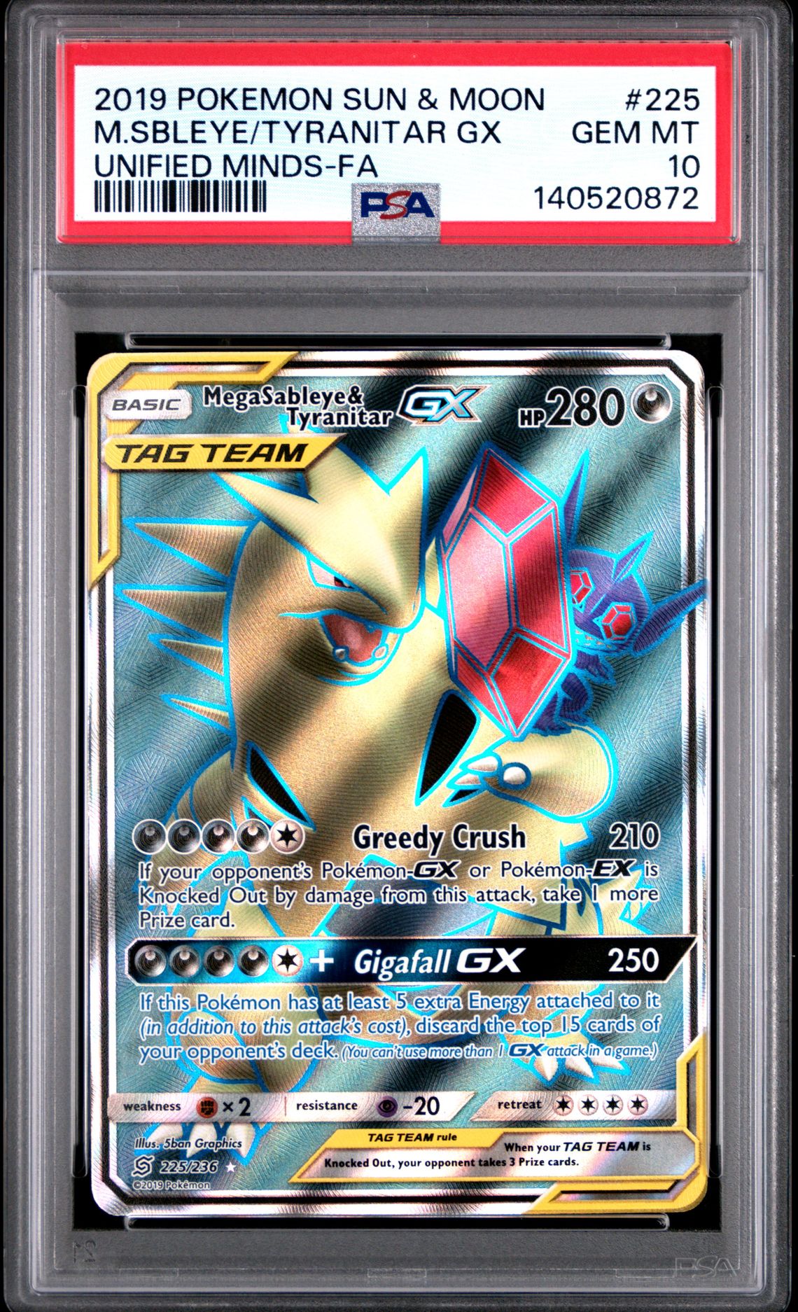 2019 Pokemon Sun & Moon Unified Minds M.sbleye/Tyranitar Gx #225 (Unified Minds-Fa) Gem Mt 10 front