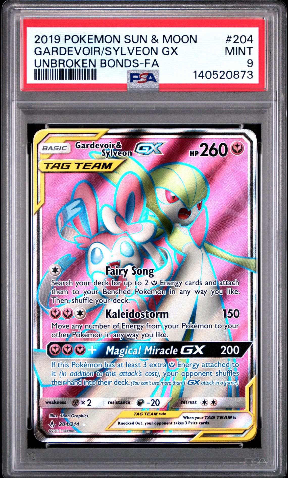 2019 Pokemon Sun & Moon Unbroken Bonds Gardevoir/Sylveon Gx #204 (Unbroken Bonds-Fa) Mint 9 front