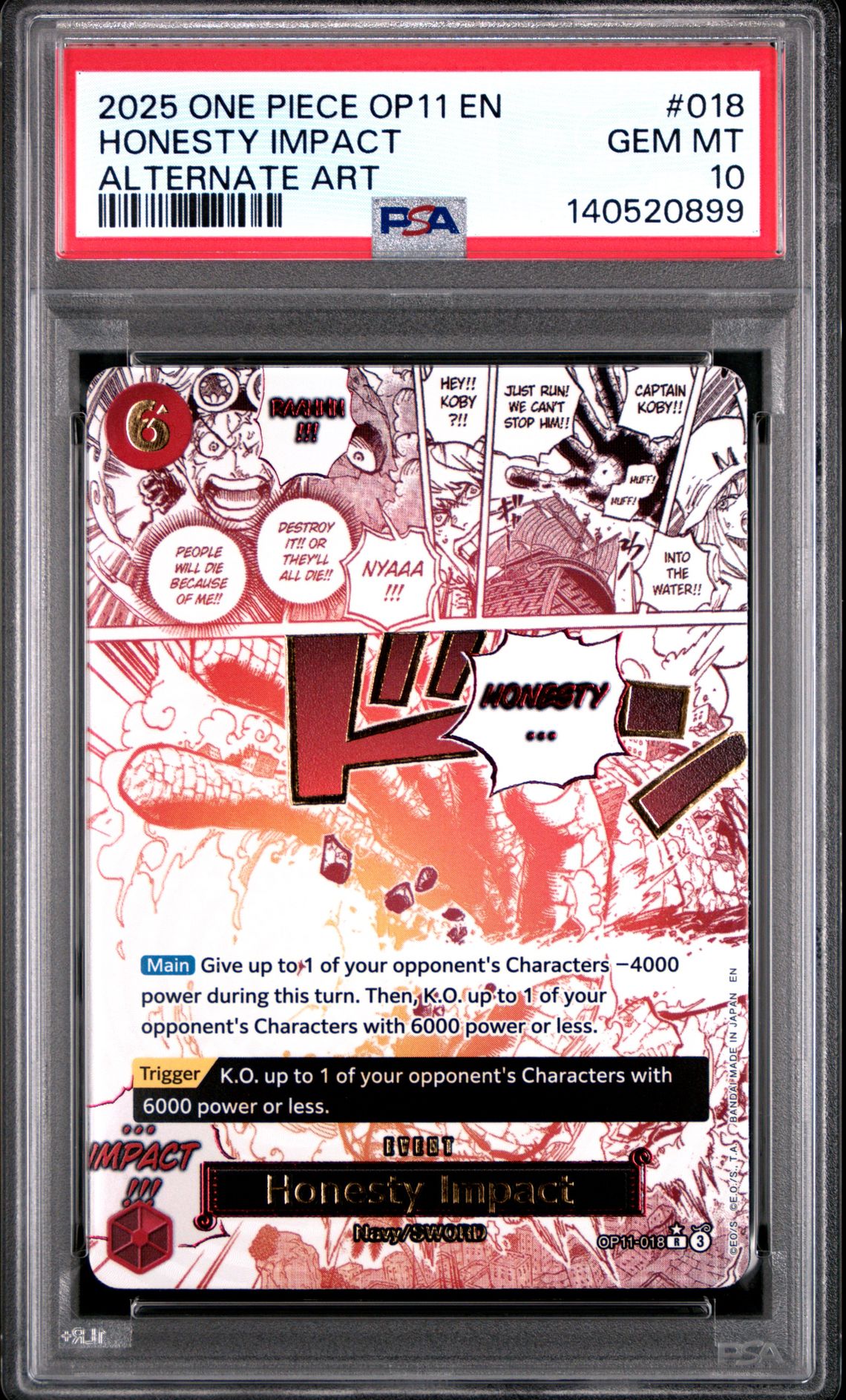 2025 One Piece Op11-A Fist Of Divine Speed Honesty Impact #018 (Alternate Art) Gem Mt 10 front