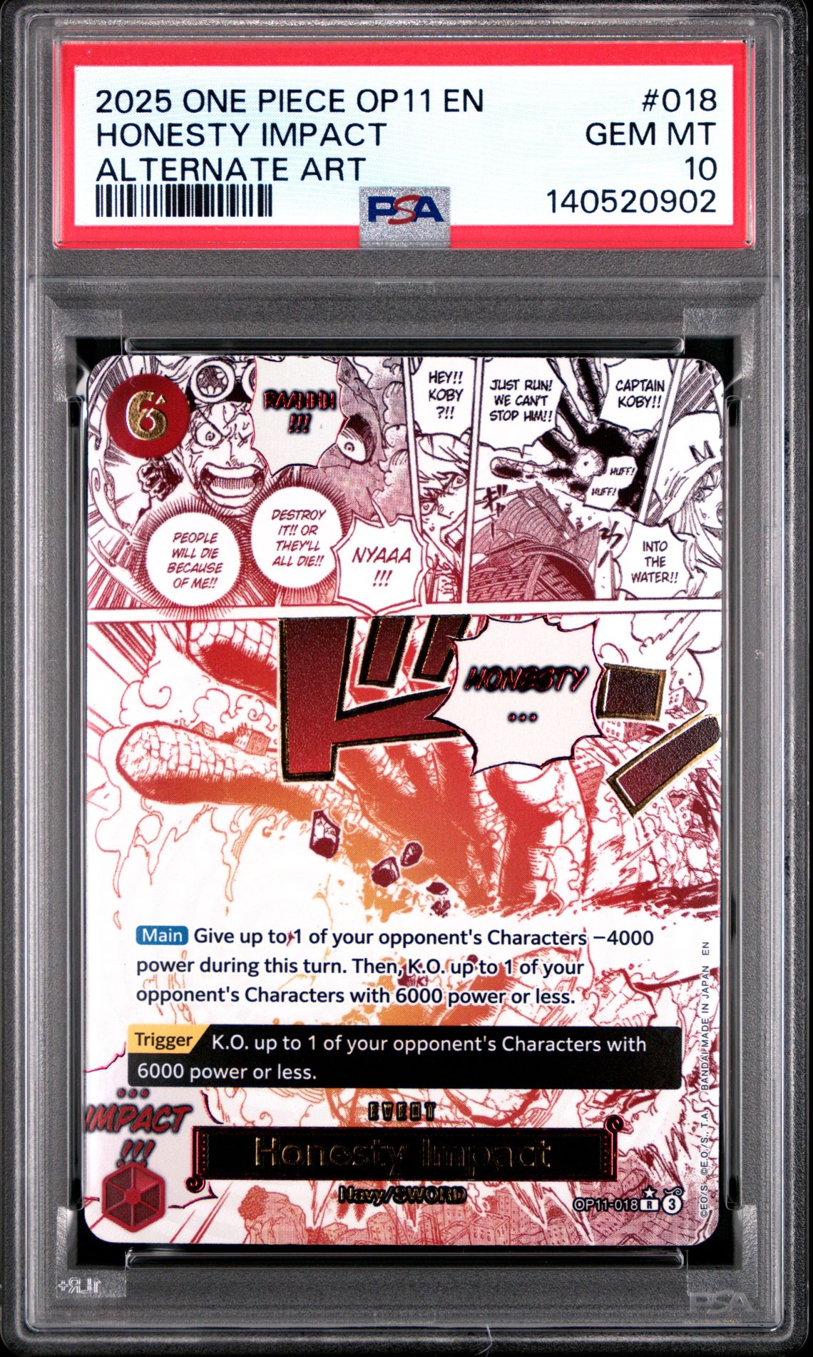 2025 One Piece Op11-A Fist Of Divine Speed Honesty Impact #018 (Alternate Art) Gem Mt 10 front