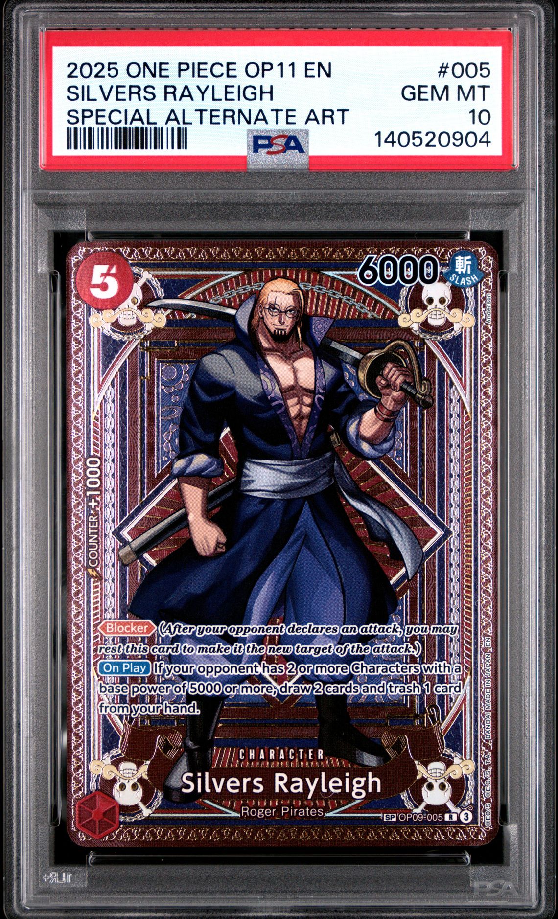 2025 One Piece Op11-A Fist Of Divine Speed Silvers Rayleigh #005 (Special Alternate Art) Gem Mt 10 front
