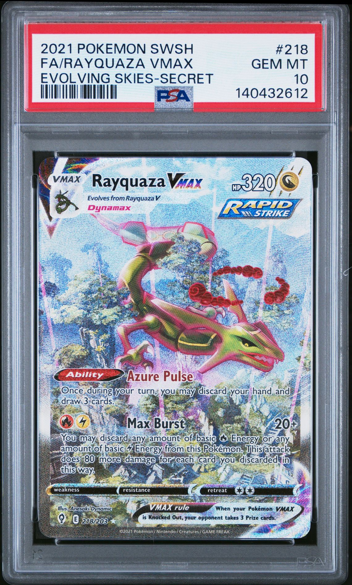 2021 Pokemon Sword & Shield Evolving Skies Fa/Rayquaza Vmax #218 (Evolving Skies-Secret) Gem Mt 10 front