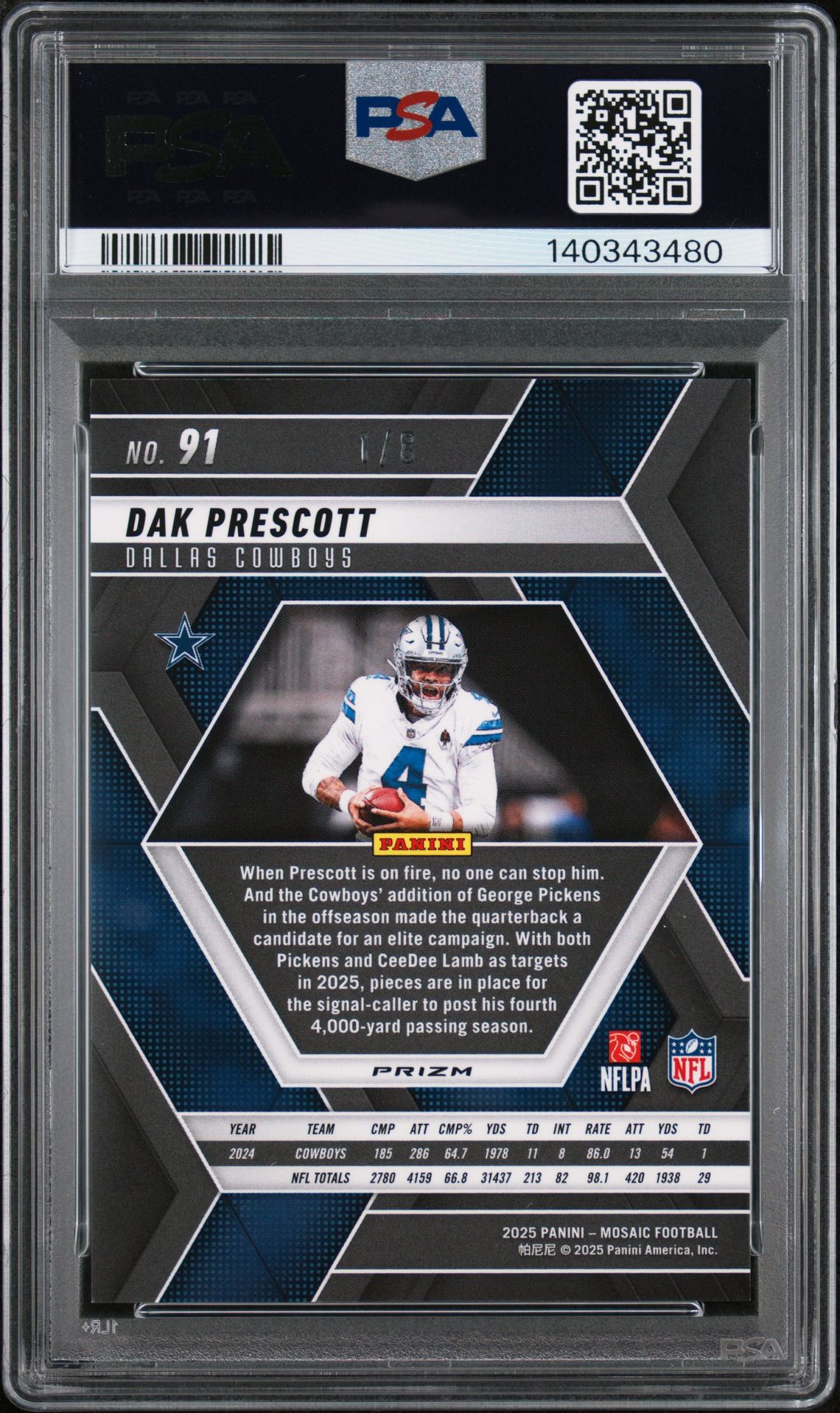 2025 Panini Mosaic Dak Prescott #91 (Black Gold Choice) Gem Mt 10 back