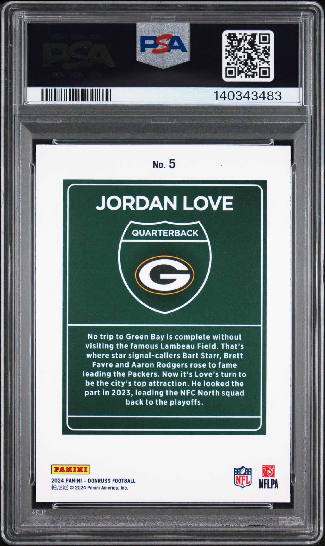 2024 Panini Donruss Downtown! Jordan Love #5 Gem Mt 10 back