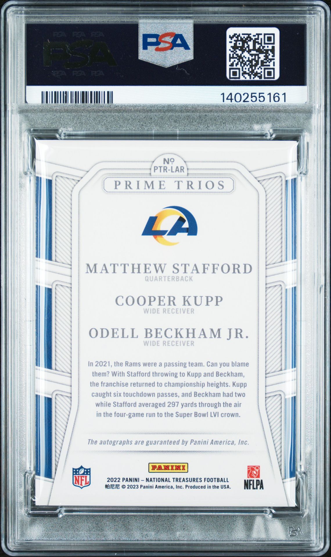 2022 Panini National Treasures Prime Trios Autographs Stfrd/Kpp/Bckhm Jr. #Lar Mint 9 back