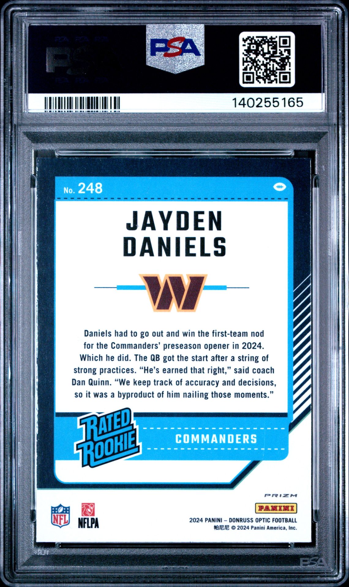 2024 Panini Donruss Optic Jayden Daniels #248 (Green Velocity) Gem Mt 10 back