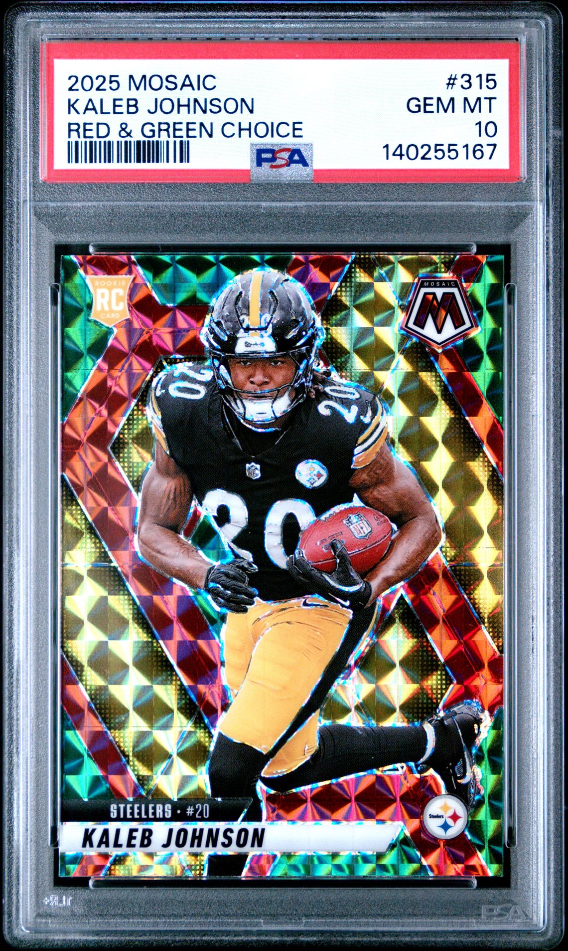 2025 Panini Mosaic Kaleb Johnson #315 (Red & Green Choice) Gem Mt 10 front