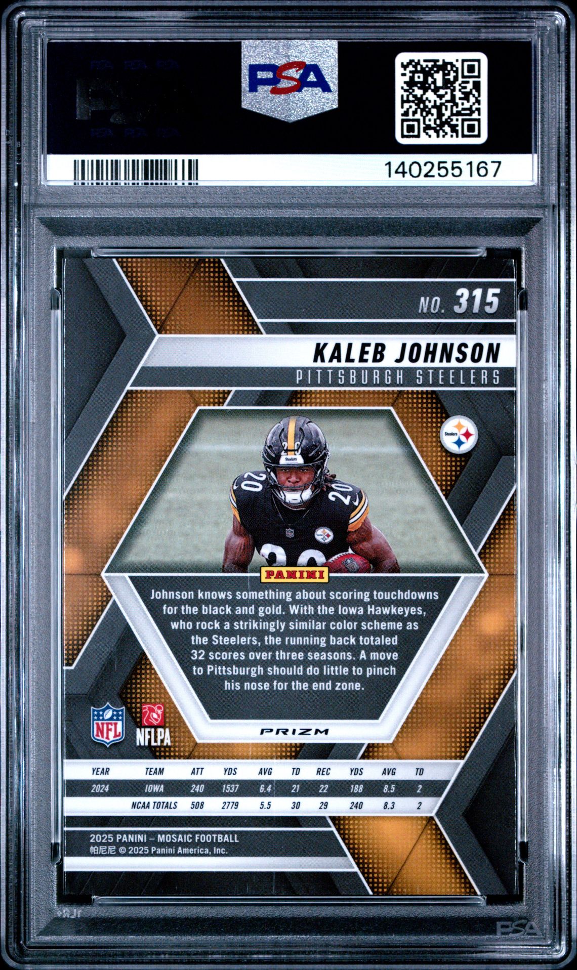 2025 Panini Mosaic Kaleb Johnson #315 (Red & Green Choice) Gem Mt 10 back