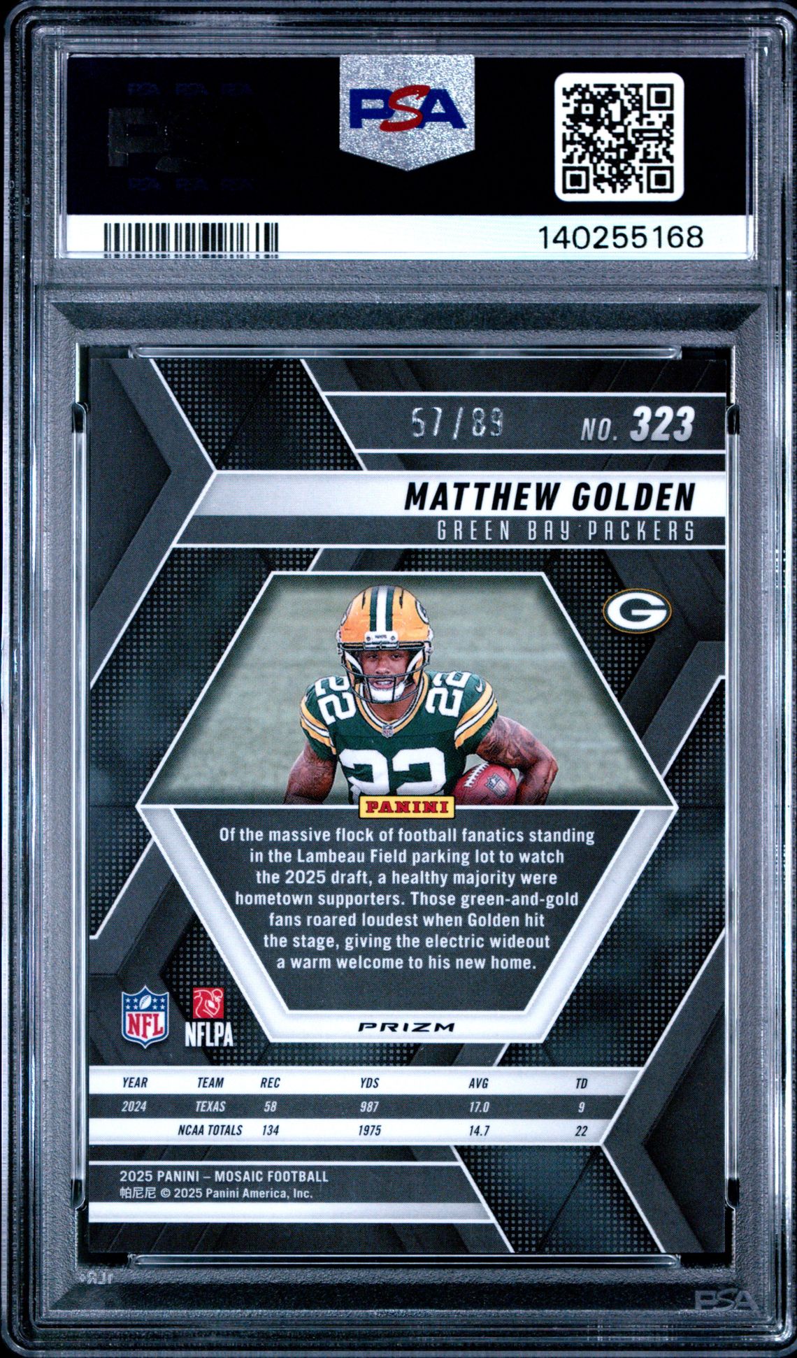 2025 Panini Mosaic Matthew Golden #323 (Fusion Red & Yellow Choice) Gem Mt 10 back