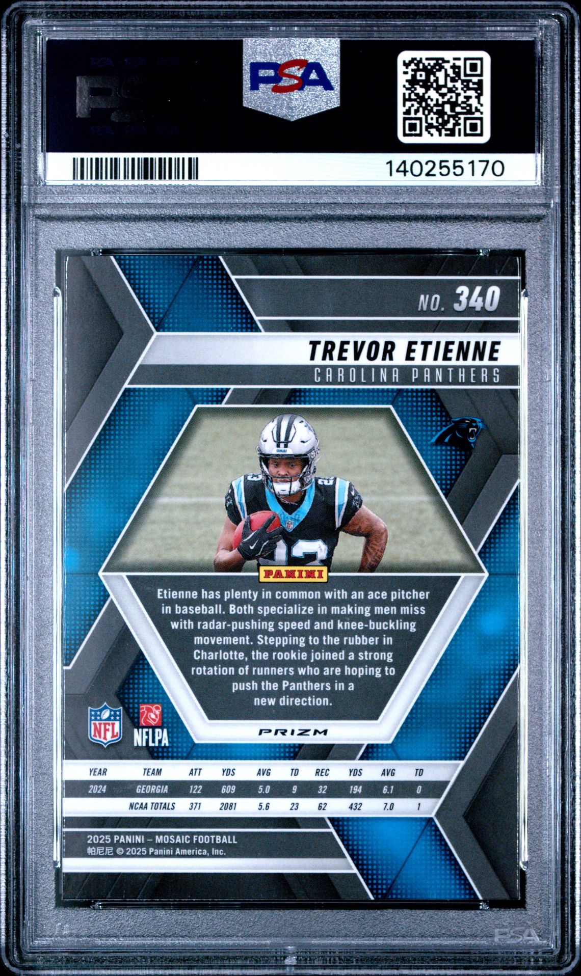 2025 Panini Mosaic Trevor Etienne #340 (Red & Green Choice) Gem Mt 10 back