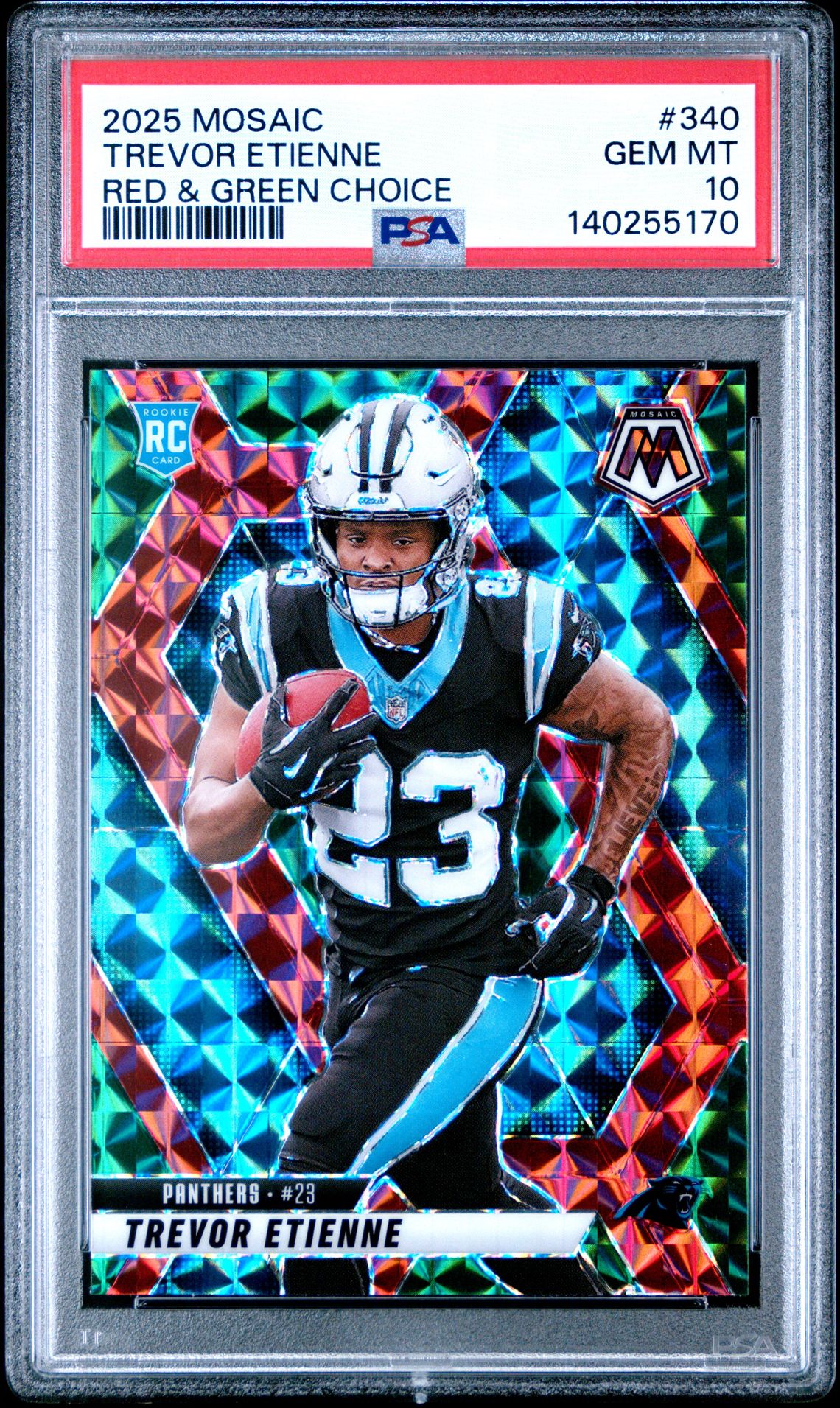 2025 Panini Mosaic Trevor Etienne #340 (Red & Green Choice) Gem Mt 10 front