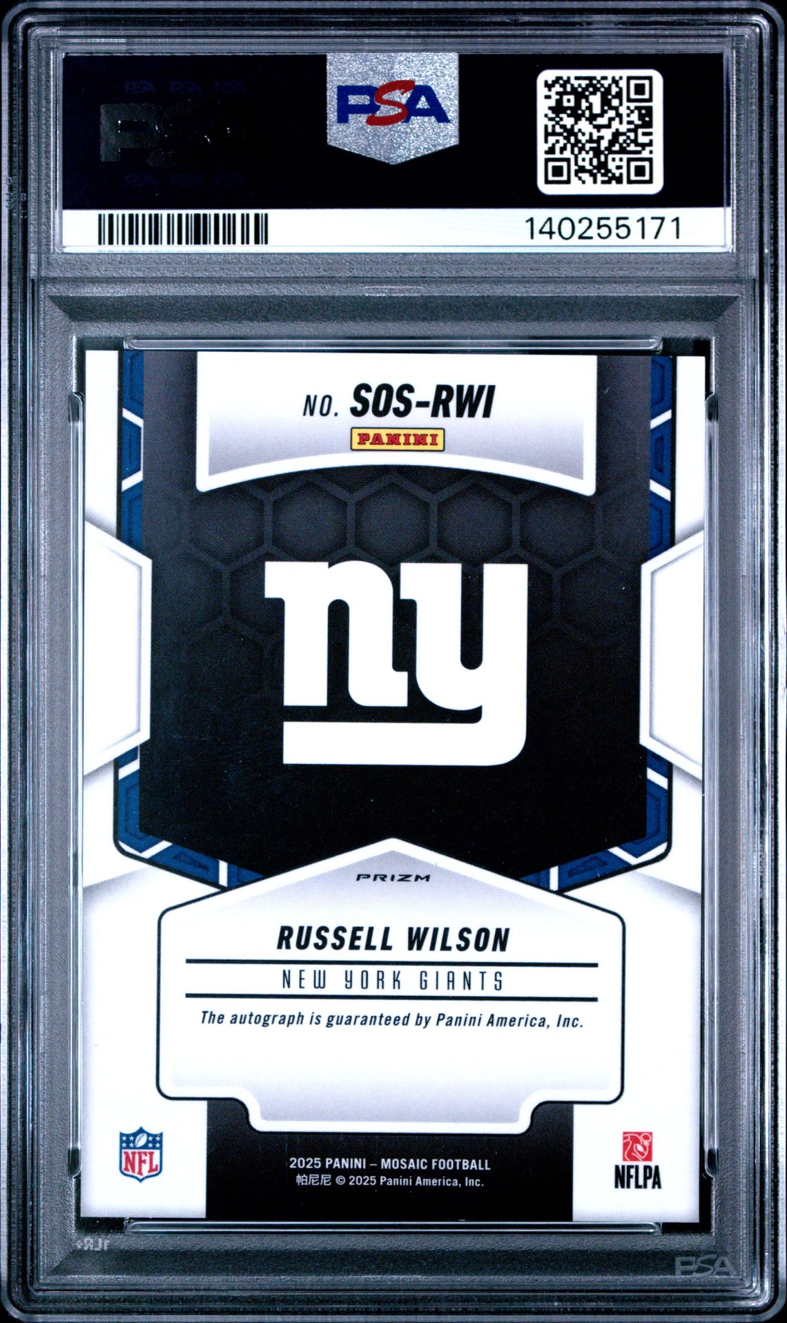 2025 Panini Mosaic Showtime Signatures Russell Wilson #Sos-Rwi (Showtime Sig-Fsn R&Y Chc) Gem Mt 10 back