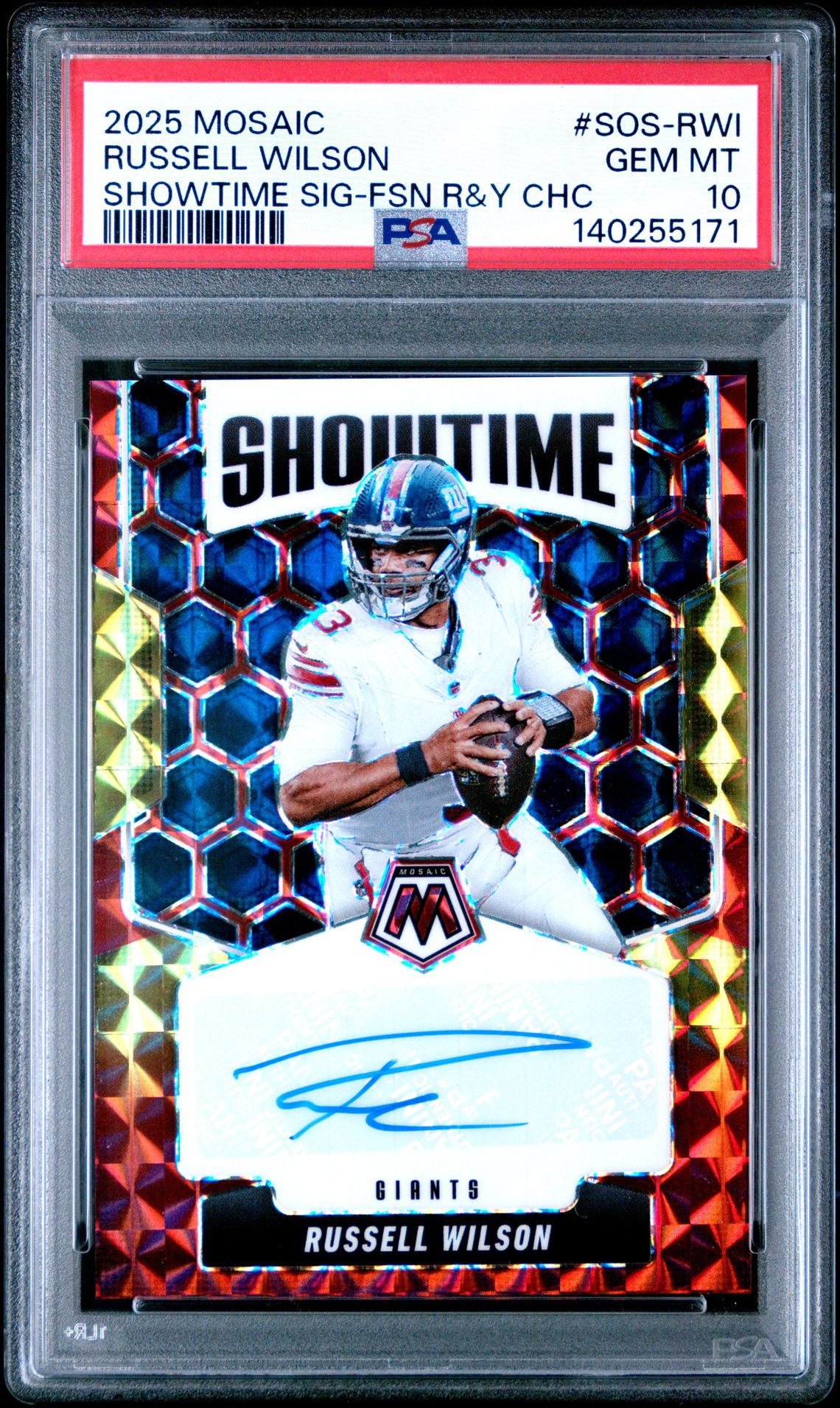 2025 Panini Mosaic Showtime Signatures Russell Wilson #Sos-Rwi (Showtime Sig-Fsn R&Y Chc) Gem Mt 10 front