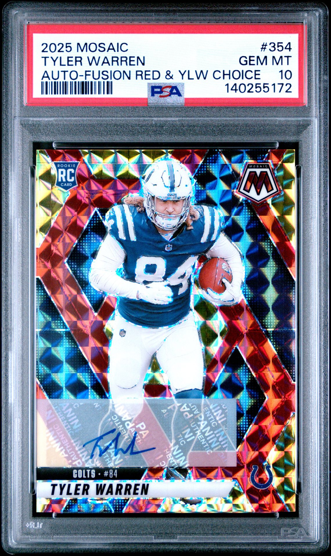 2025 Panini Mosaic Tyler Warren #354 (Auto-Fusion Red & Ylw Choice) Gem Mt 10 front