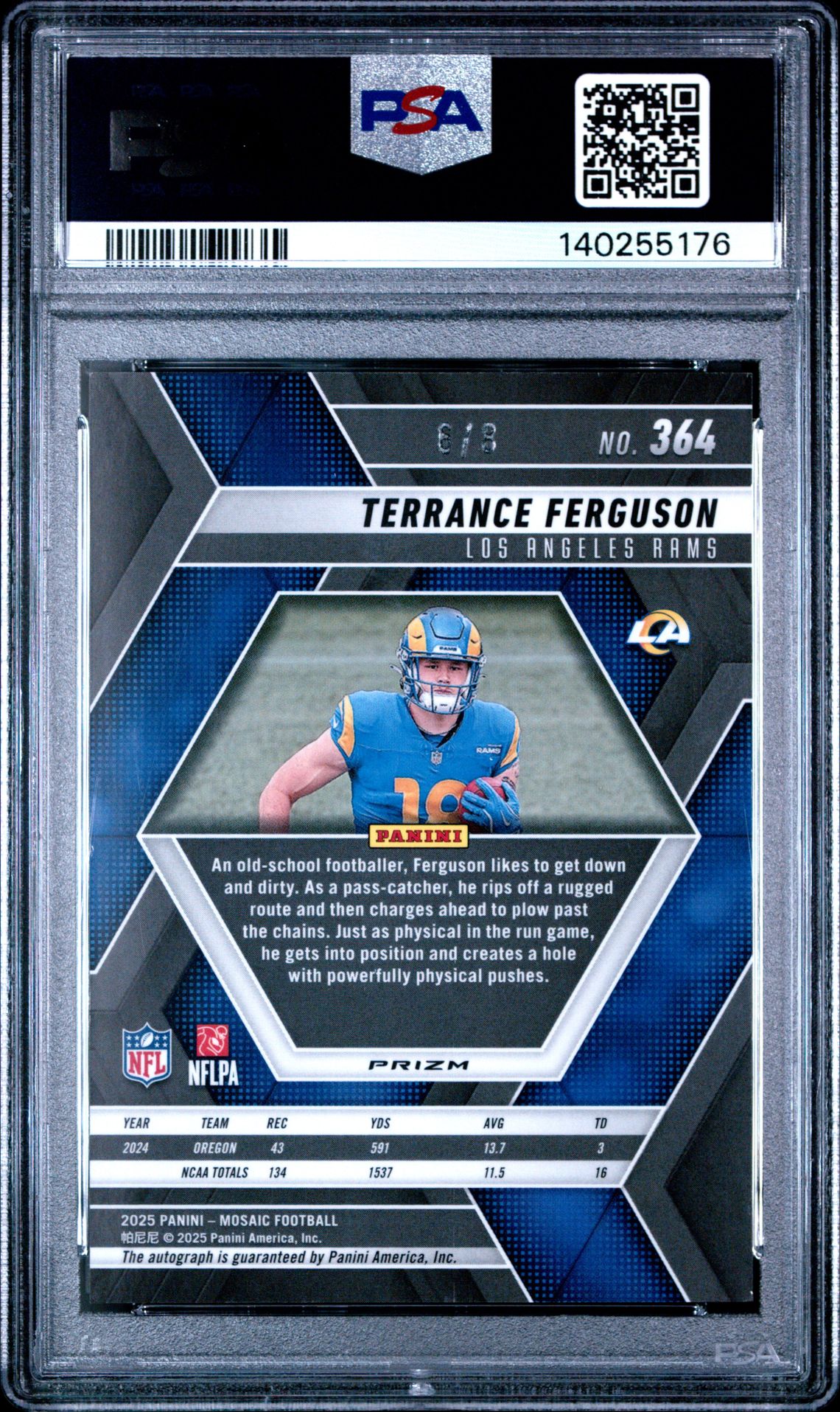 2025 Panini Mosaic Terrance Ferguson #364 (Auto-Black Gold Choice) Mint 9 back