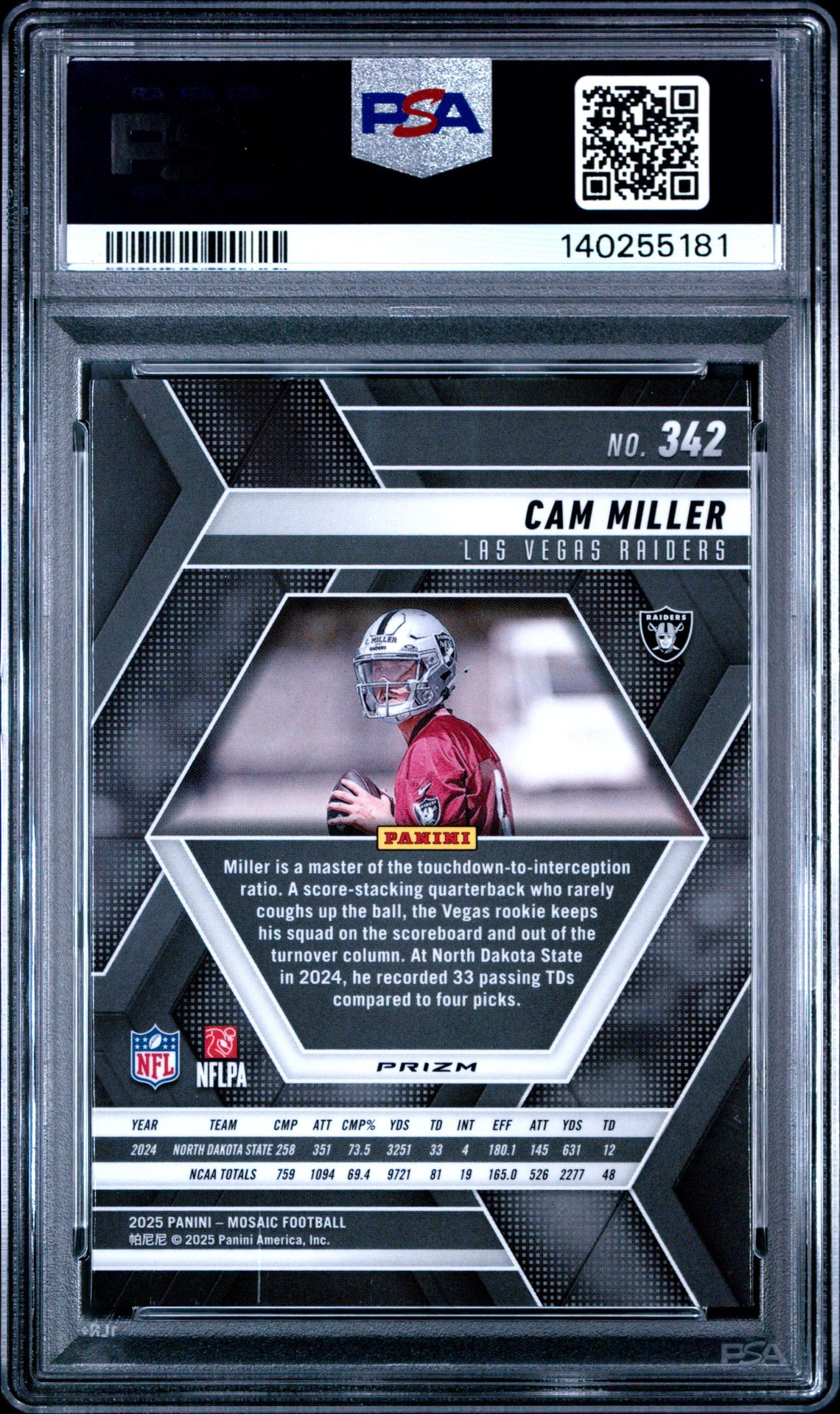 2025 Panini Mosaic Cam Miller #342 (Red & Green Choice) Gem Mt 10 back
