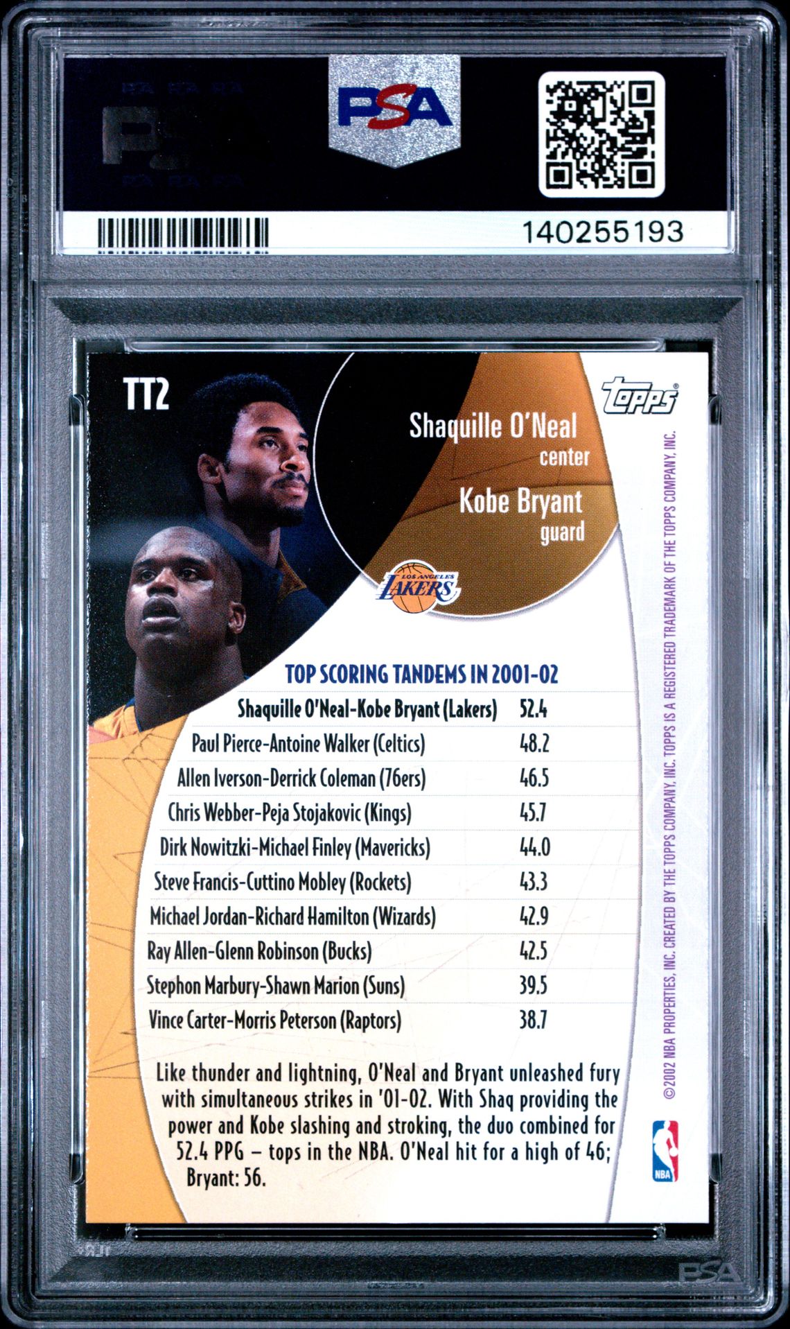 2002 Topps Top Tandems K.bryant/S.o'neal #Tt2 (Top Tandems) Nm-Mt 8 back