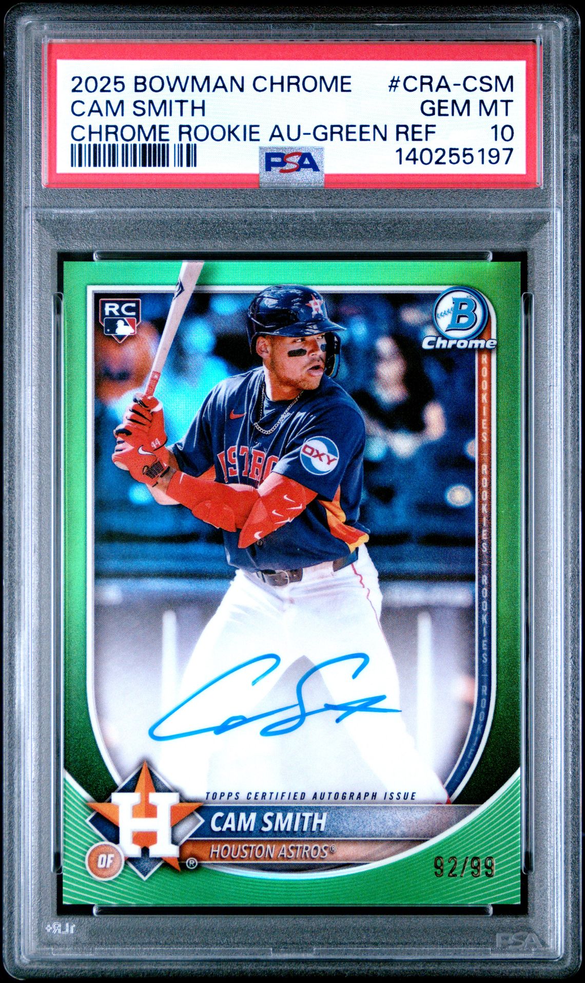 2025 Bowman Chrome Chrome Rookie Autographs Cam Smith #Cra-Csm (Chrome Rookie Au-Green Ref) Gem Mt 10 front