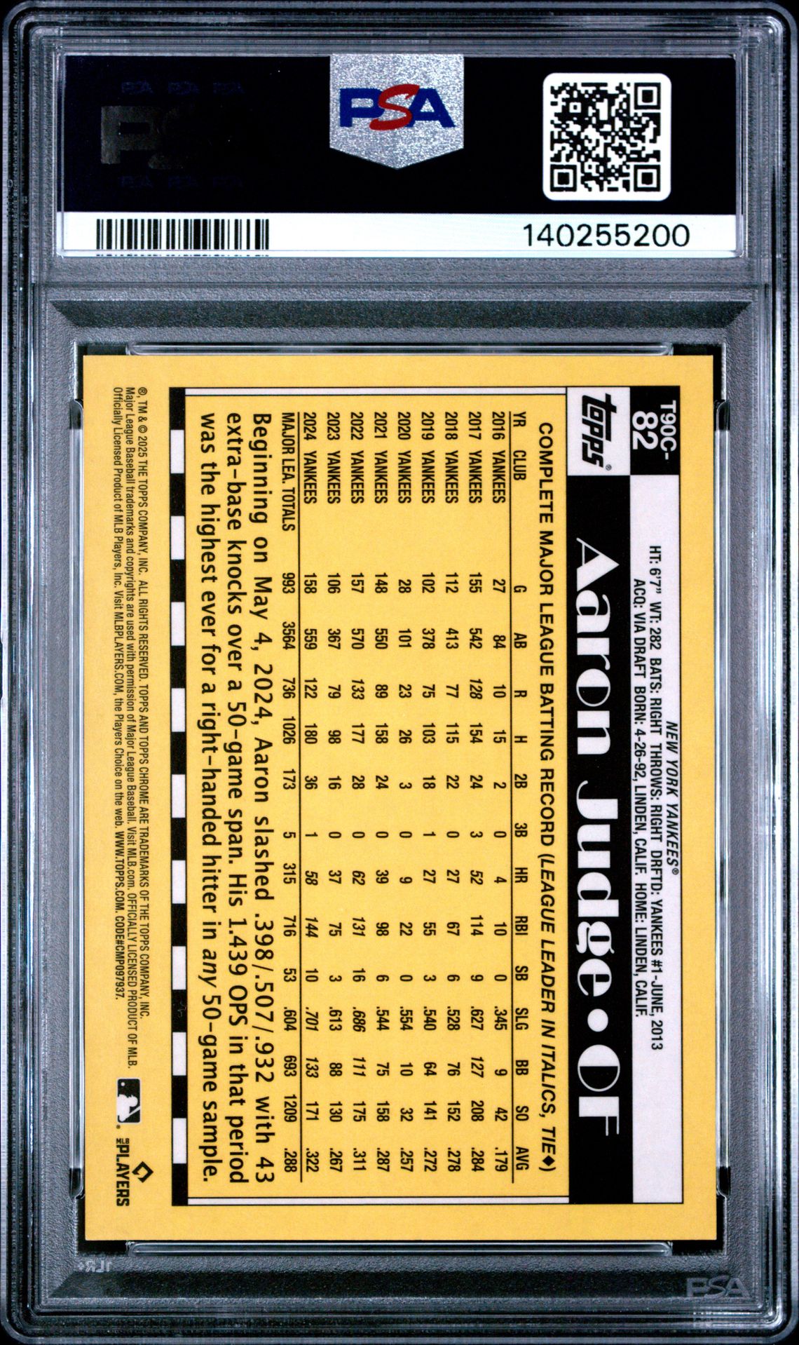 2025 Topps Silver Pack 1990 Chrome Promo Aaron Judge #82 (Black) Gem Mt 10 back