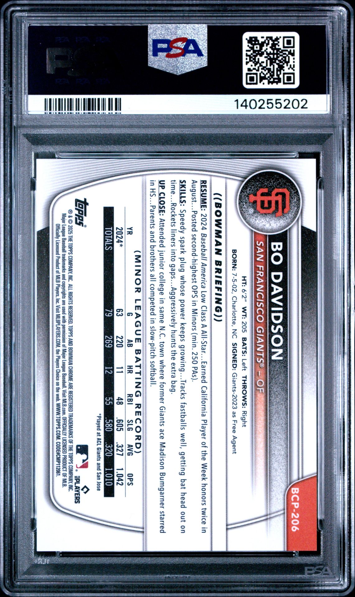 2025 Bowman Chrome Prospects Bo Davidson #Bcp206 (Prospects-Orange Geometric) Mint 9 back