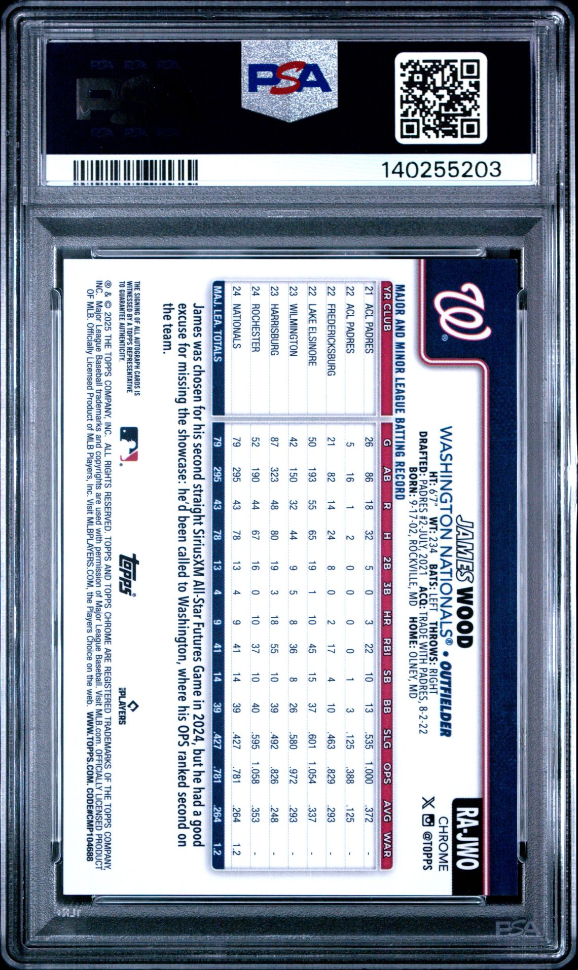 2025 Topps Chrome Rookie Autographs James Wood #Rajwo (Rookie Autograph-Green Ref) Mint 9 back