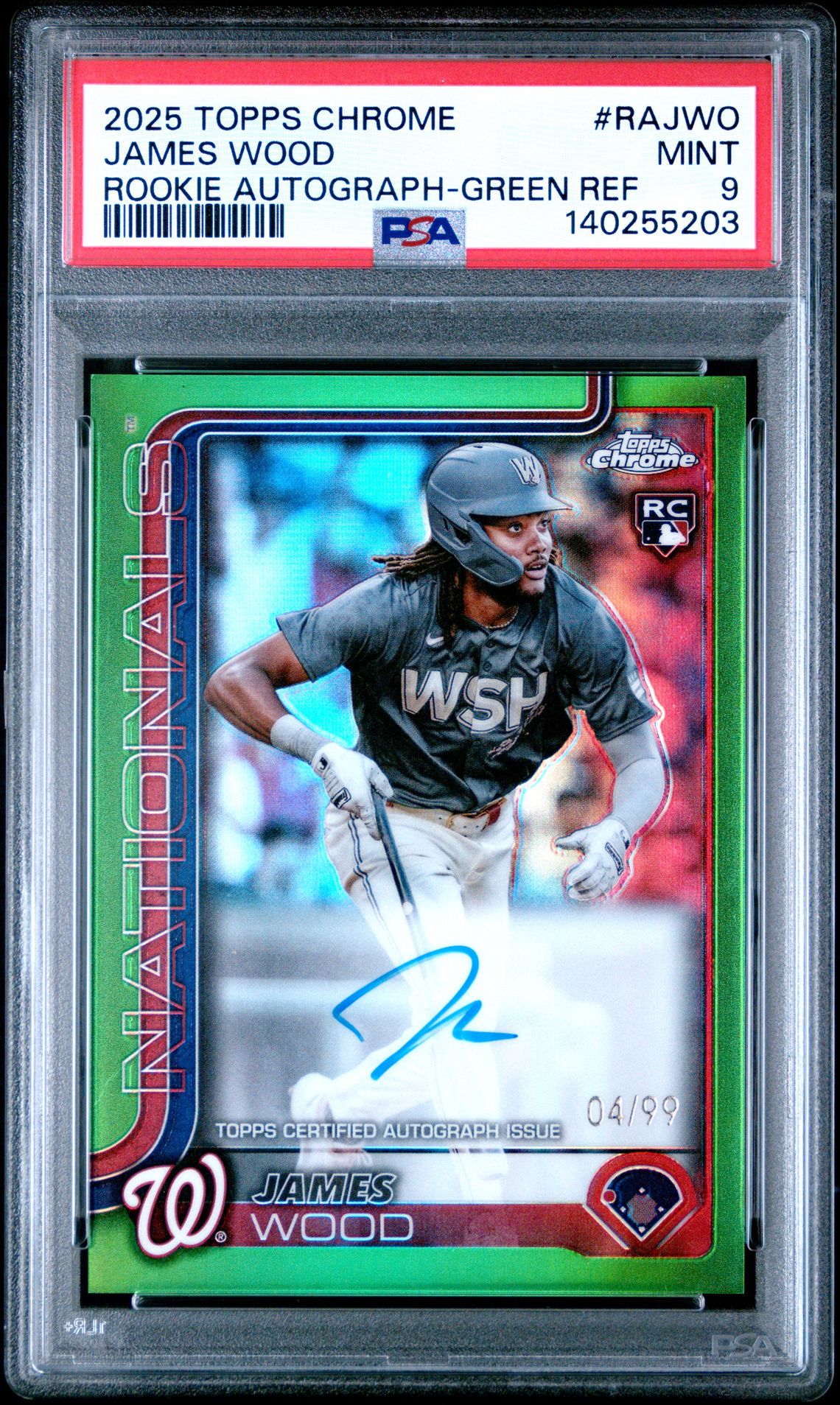 2025 Topps Chrome Rookie Autographs James Wood #Rajwo (Rookie Autograph-Green Ref) Mint 9 front