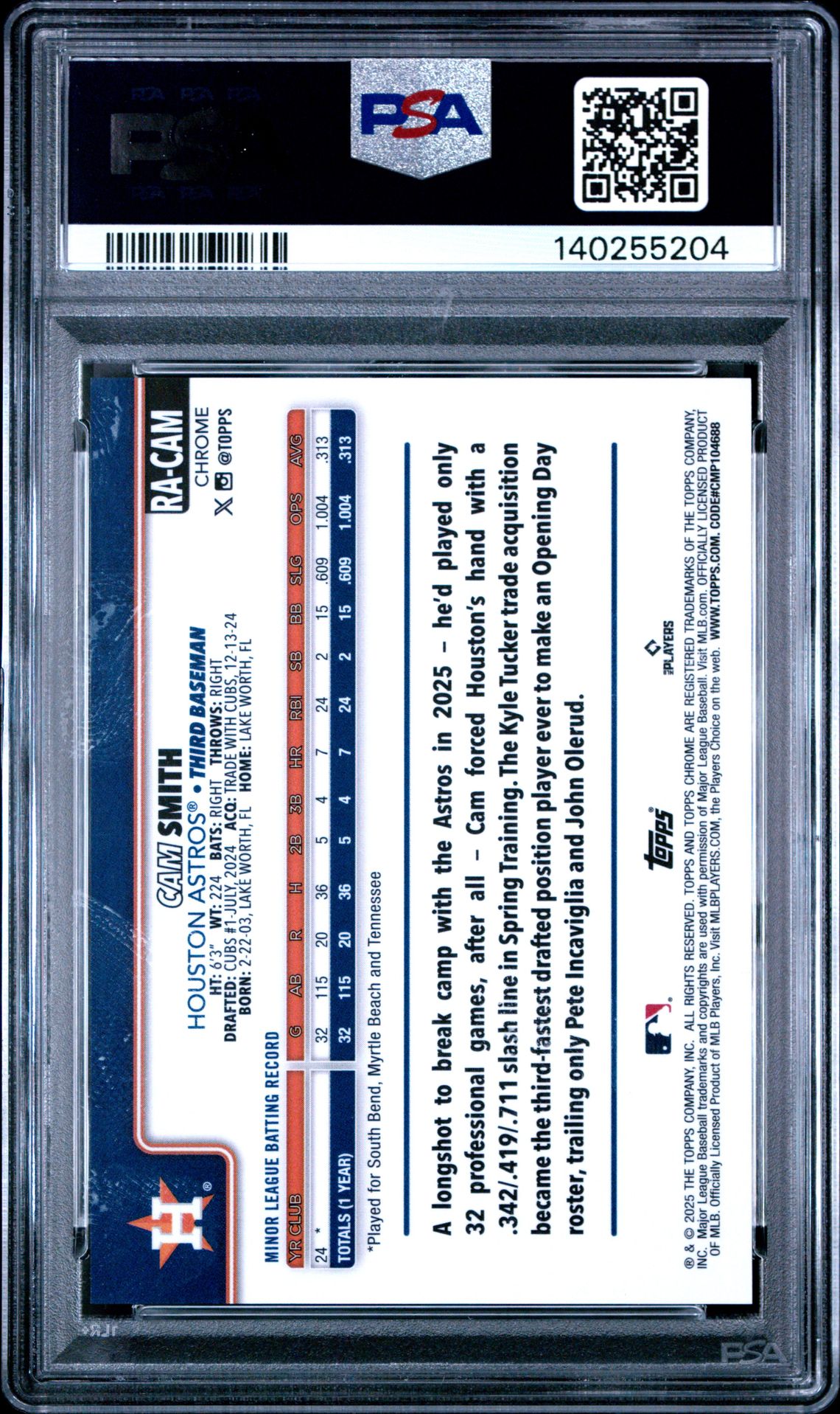 2025 Topps Chrome Rookie Autographs Cam Smith #Racam (Rookie Autograph-Purple Ref) Gem Mt 10 back