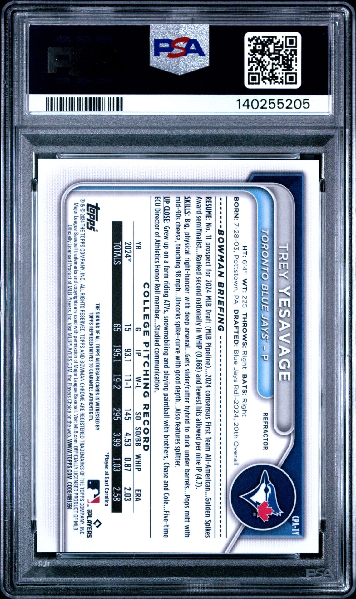 2024 Bowman Draft Chrome Prospect Autographs Trey Yesavage #Cpaty (Chr Prospect Au-Refractor) Mint 9 back