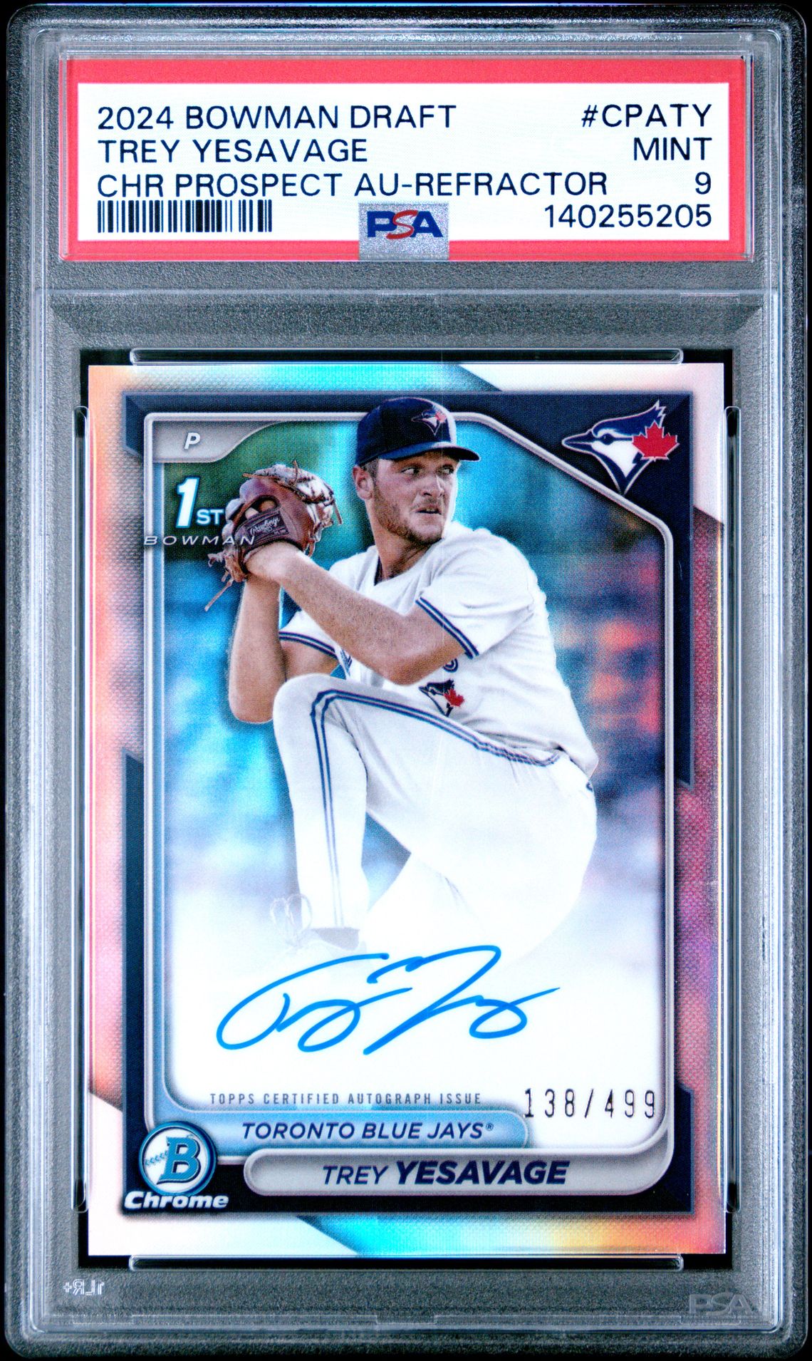 2024 Bowman Draft Chrome Prospect Autographs Trey Yesavage #Cpaty (Chr Prospect Au-Refractor) Mint 9 front