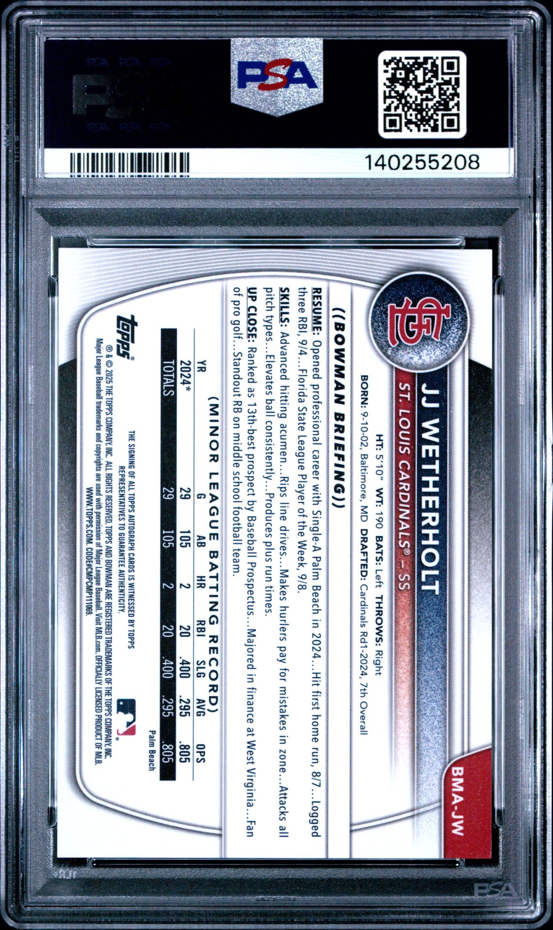 2025 Bowman Chrome Mega Box Chrome Prospects Autographs Jj Wetherholt #Jw Gem Mt 10 back