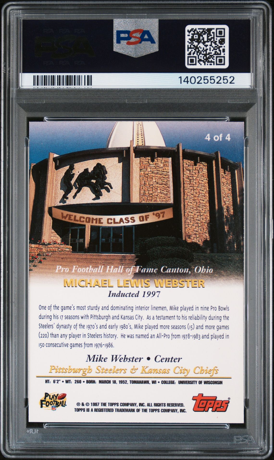1997 Topps Hall Of Fame Autograph Mike Webster #4 (Autograph) Ex-Mt 6 back