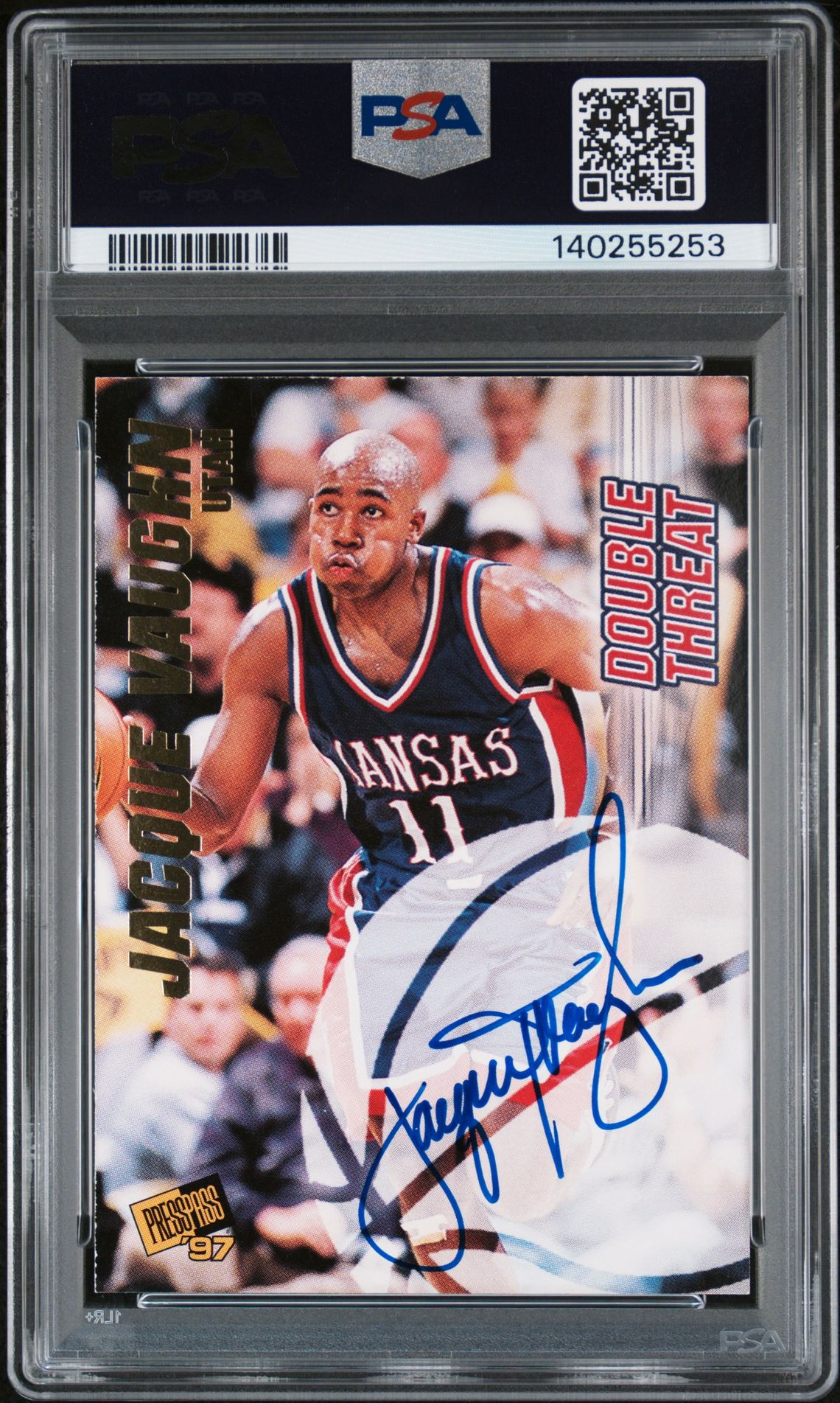 1997 Press Pass Double Threat Double Autographs Karl Malone #2 (Dbl.thrt-Double Au.) Ex-Mt 6 back