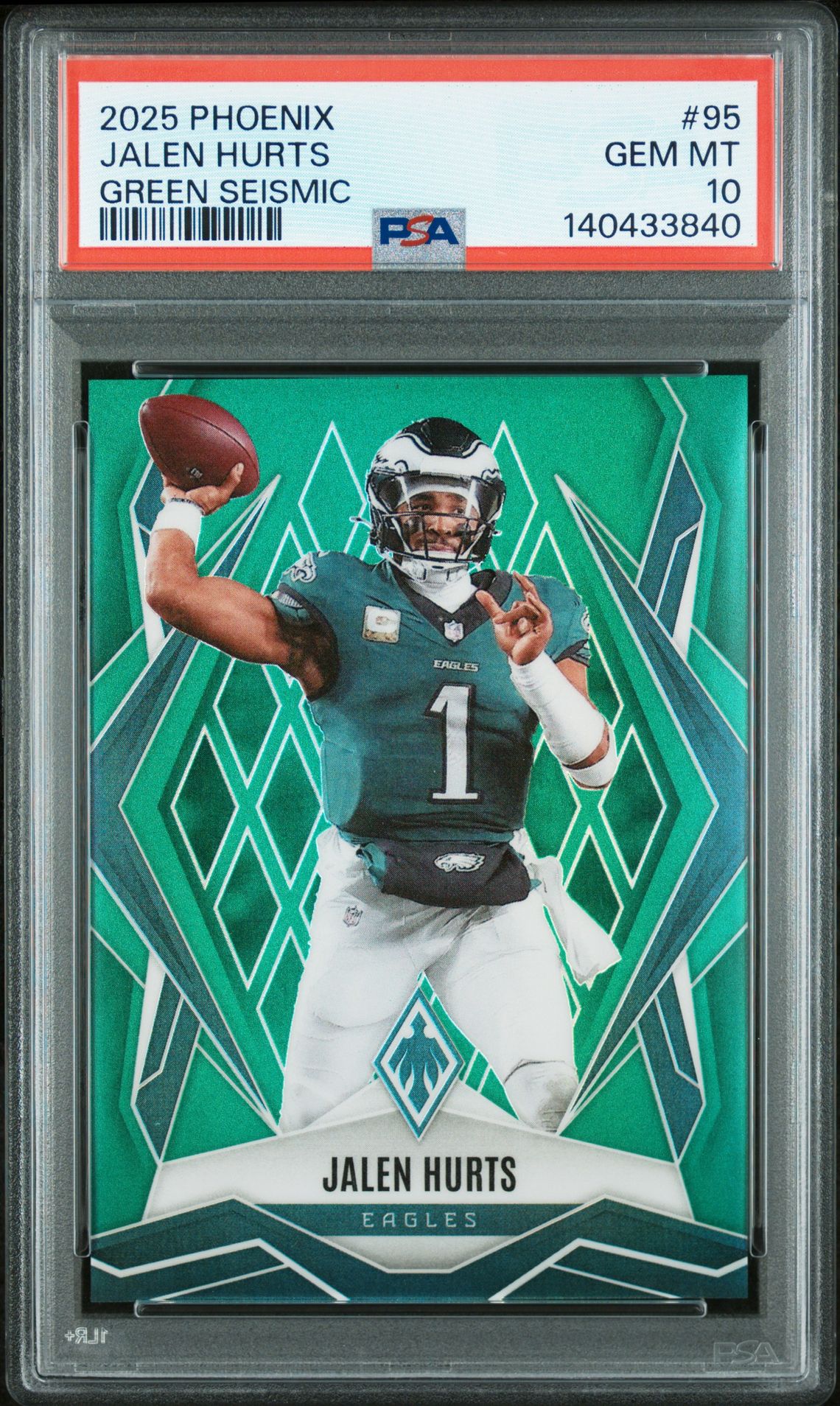 2025 Panini Phoenix Jalen Hurts #95 (Green Seismic) Gem Mt 10 front