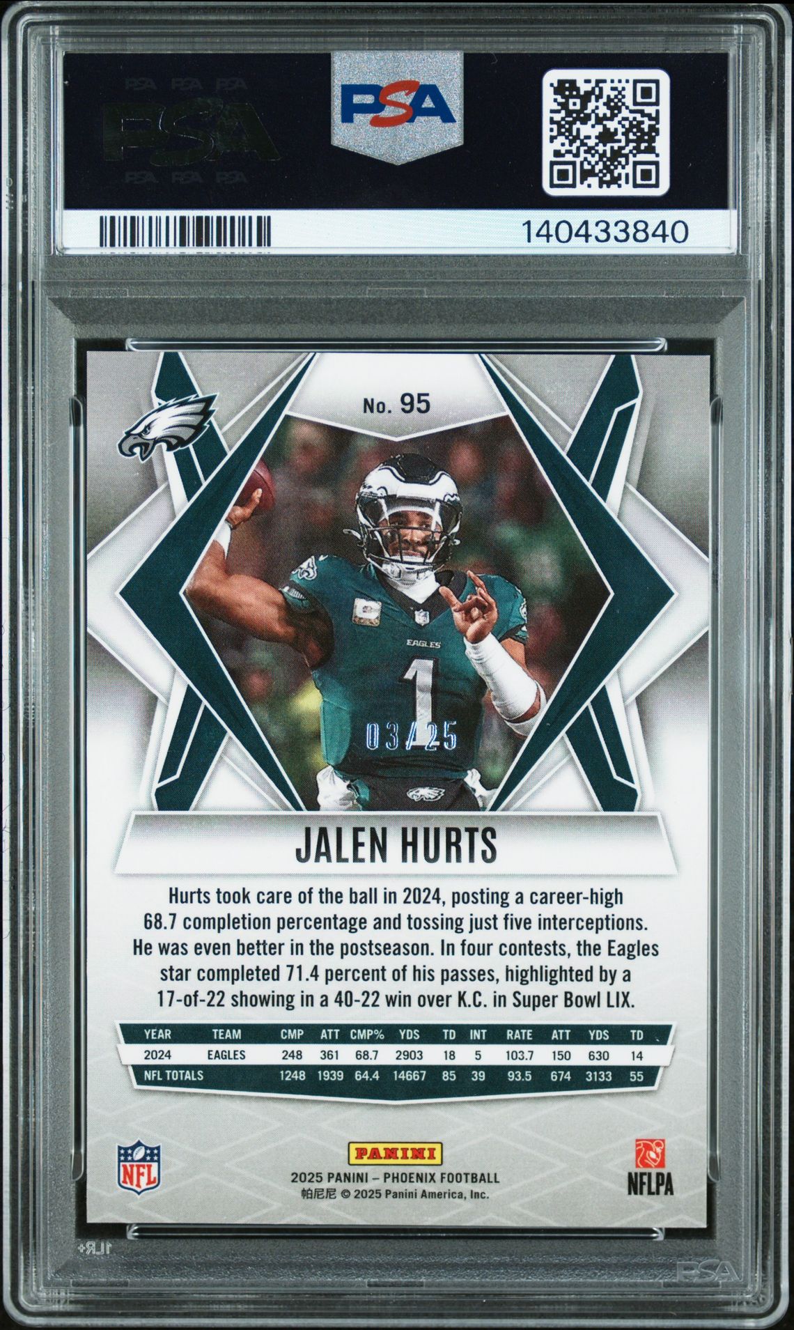 2025 Panini Phoenix Jalen Hurts #95 (Green Seismic) Gem Mt 10 back