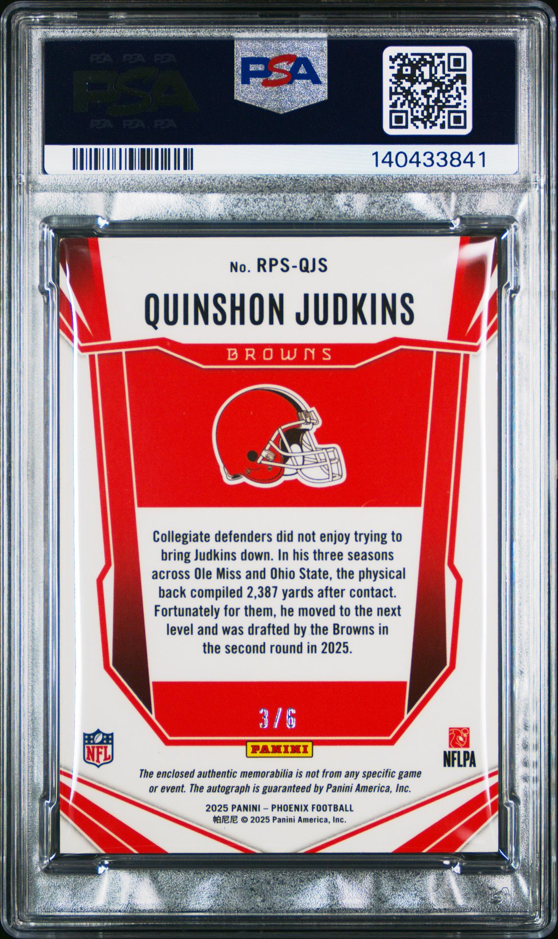 2025 Panini Phoenix Rps Rookie Patch Autographs Quinshon Judkins #Rps-Qjs (Rps Rk Pt Au-Dreamweaver) Mint 9 back