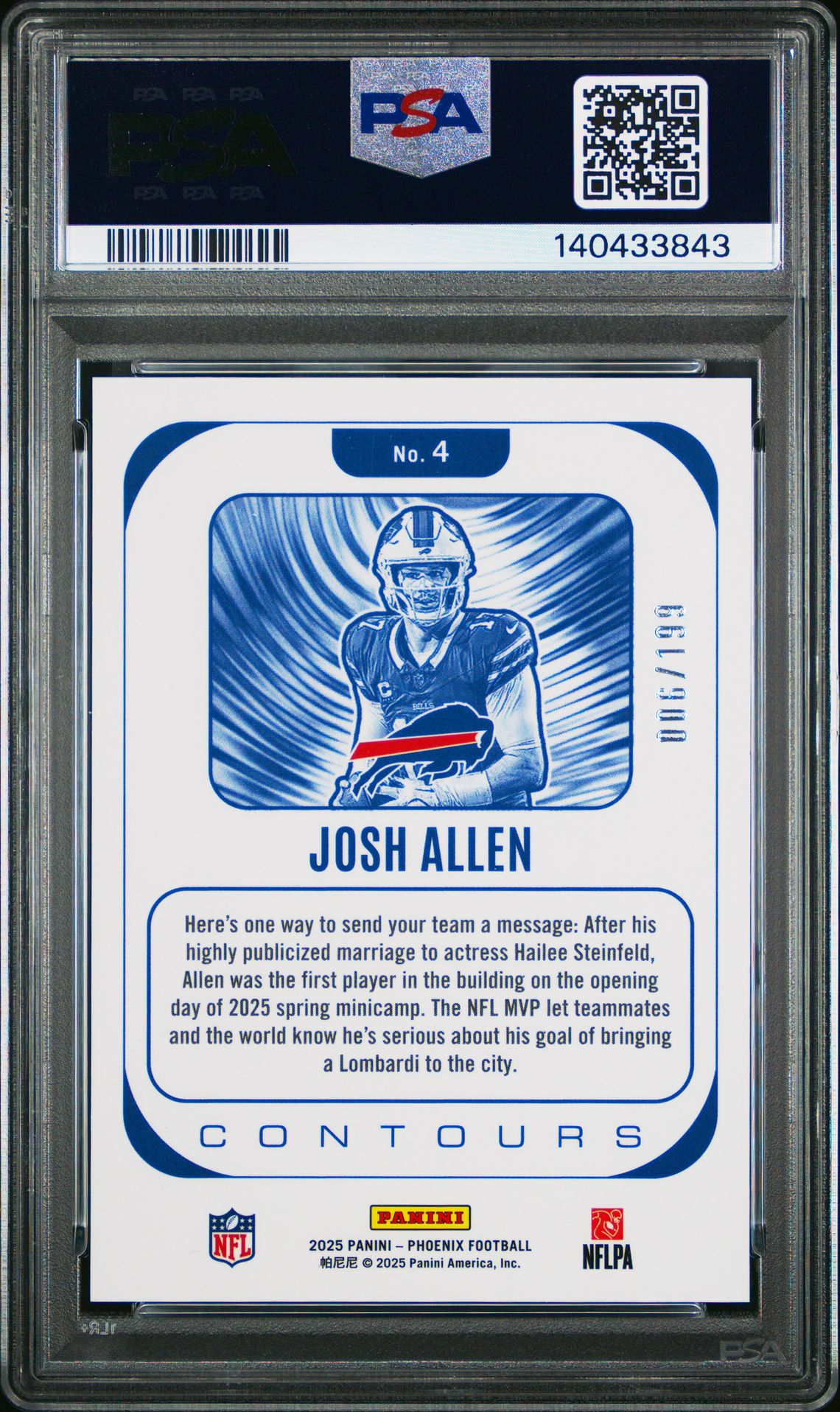 2025 Panini Phoenix Contours Josh Allen #4 (Contours-Blue) Gem Mt 10 back