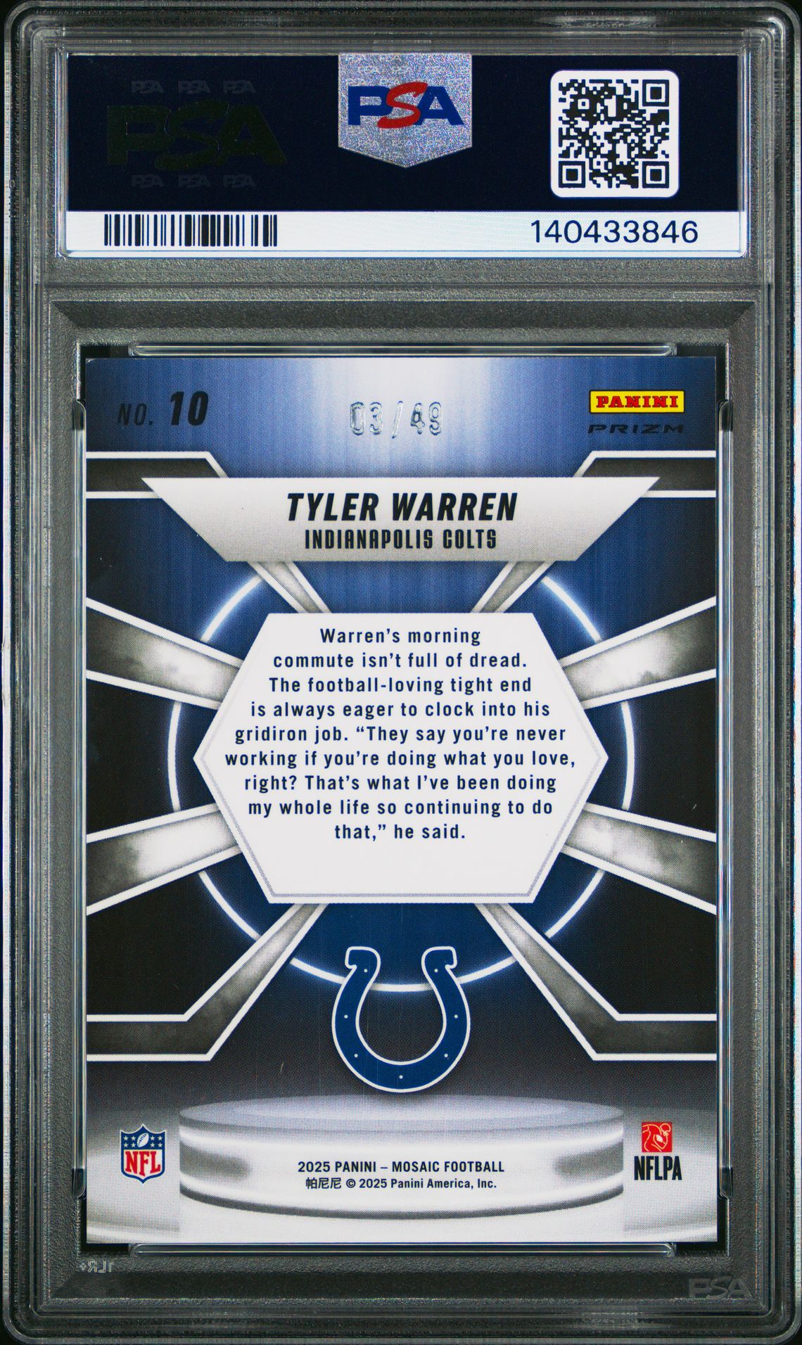 2025 Panini Mosaic Center Stage Tyler Warren #10 (Center Stage-Purple) Mint 9 back