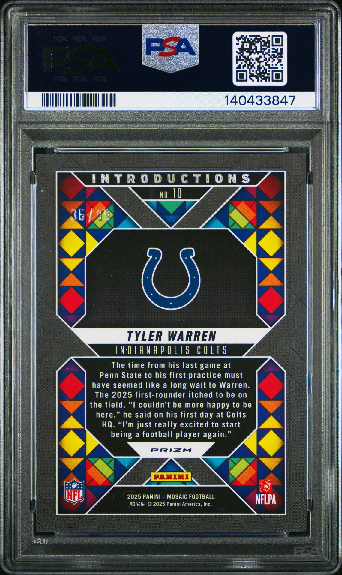 2025 Panini Mosaic Introductions Tyler Warren #10 (Introductions-Blue) Gem Mt 10 back