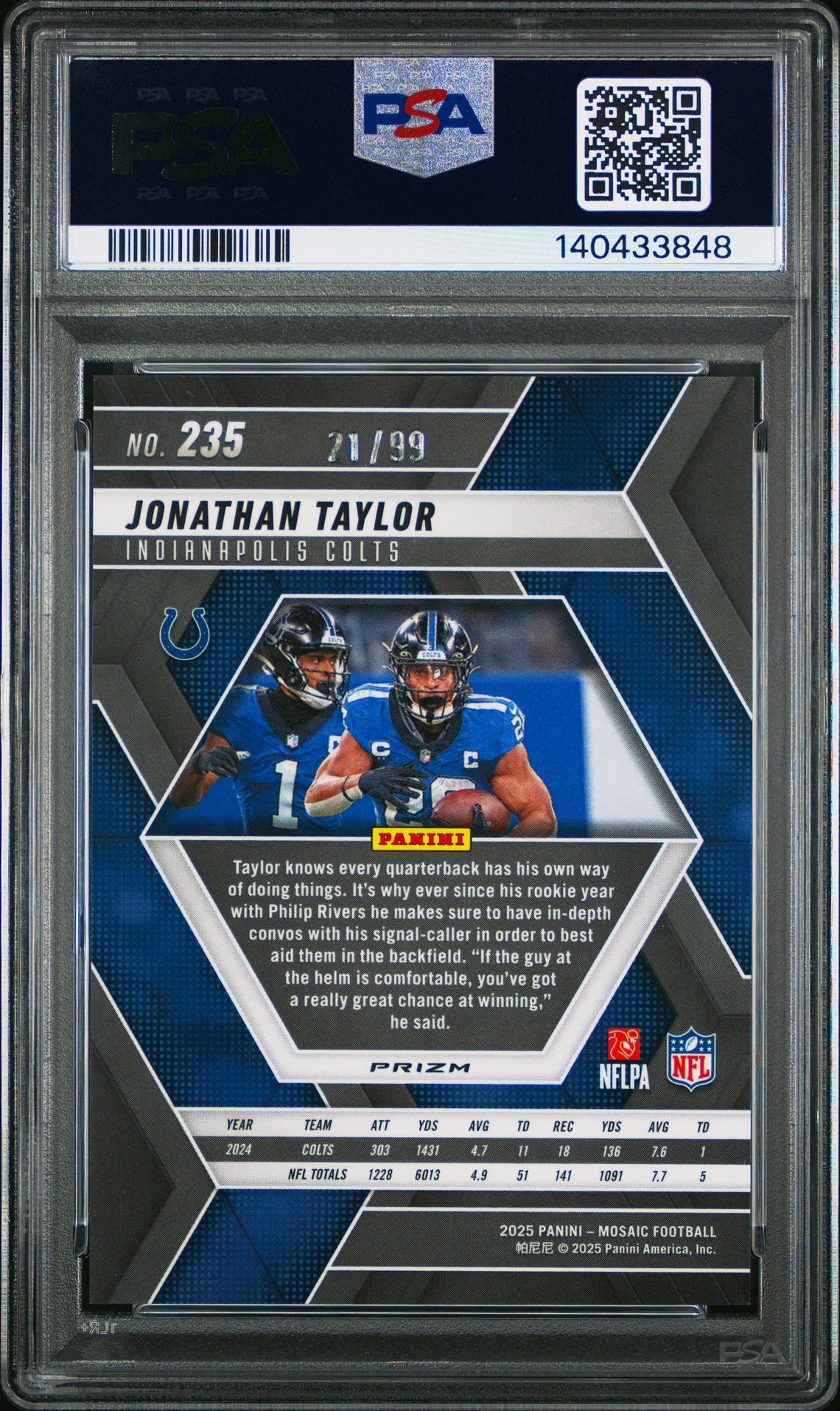 2025 Panini Mosaic Jonathan Taylor #235 (Blue) Gem Mt 10 back