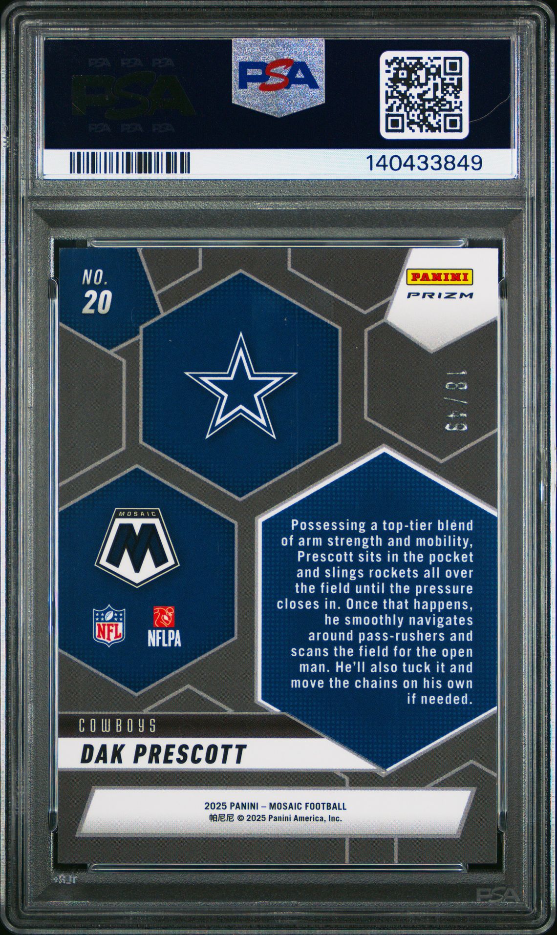 2025 Panini Mosaic Montage Dak Prescott #20 (Montage-Purple) Gem Mt 10 back