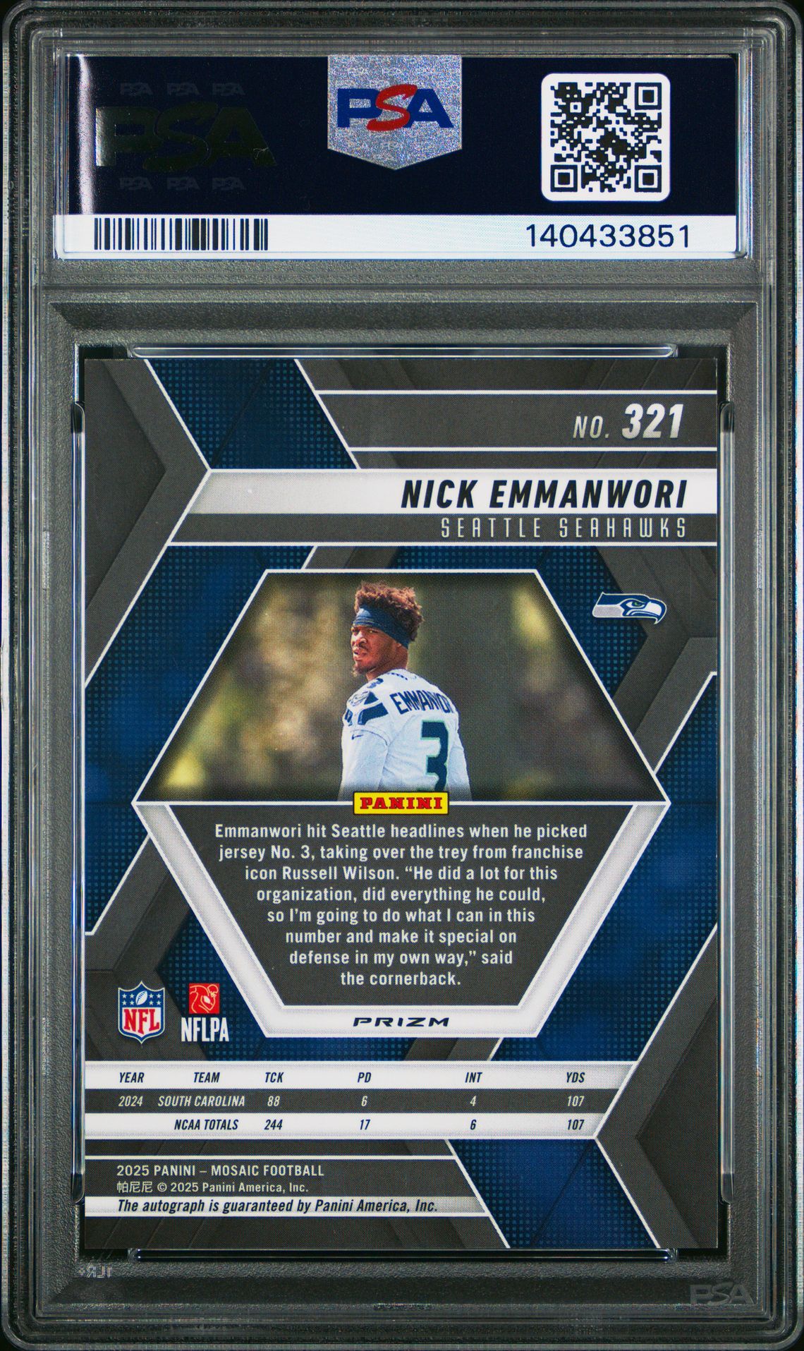 2025 Panini Mosaic Nick Emmanwori #321 (Autograph) Mint 9 back