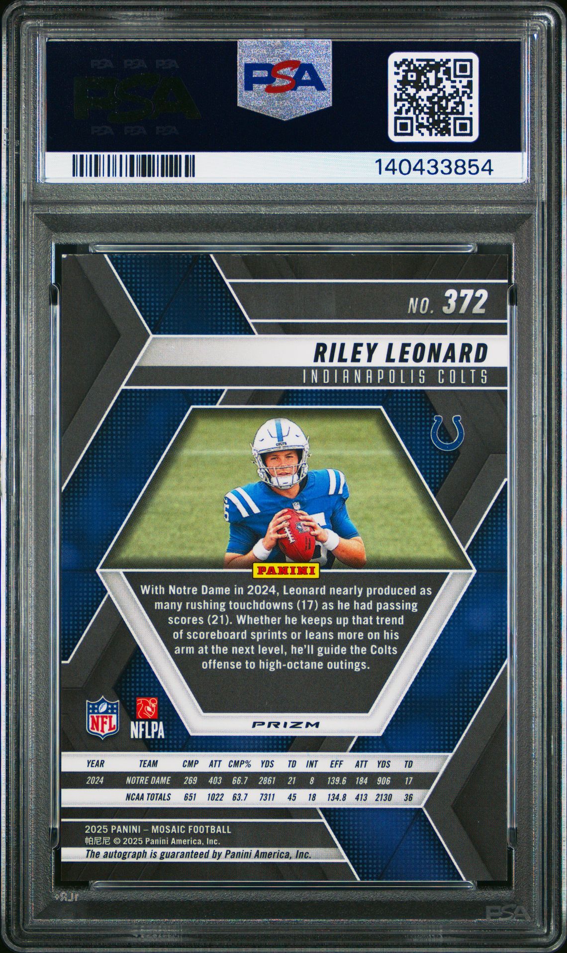 2025 Panini Mosaic Riley Leonard #372 (Autograph) Mint 9 back