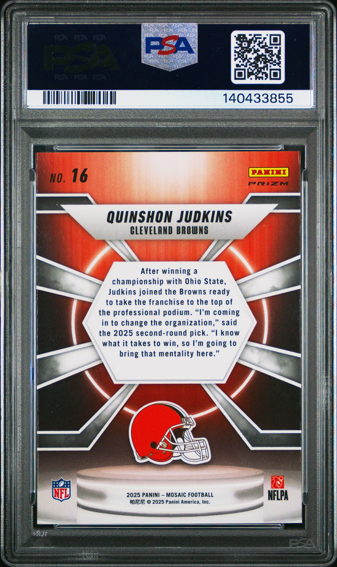 2025 Panini Mosaic Center Stage Quinshon Judkins #16 Gem Mt 10 back view - PSA certificate #140433855
