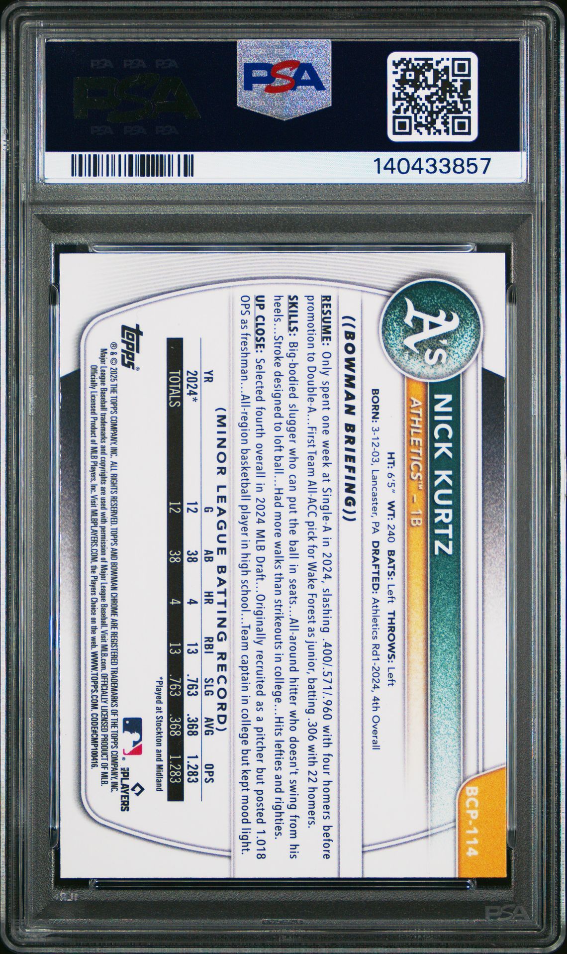 2025 Bowman Sapphire Edition Chrome Prospects Nick Kurtz #Bcp114 Mint 9 back