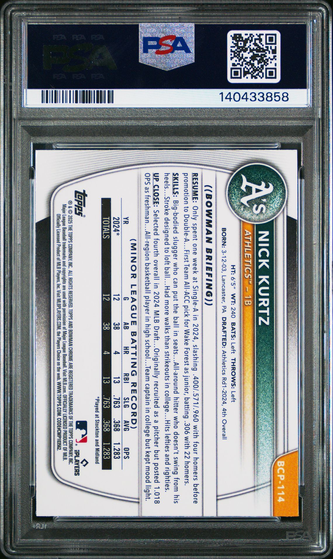 2025 Bowman Mega Box Chrome Prospects Nick Kurtz #114 Mint 9 back