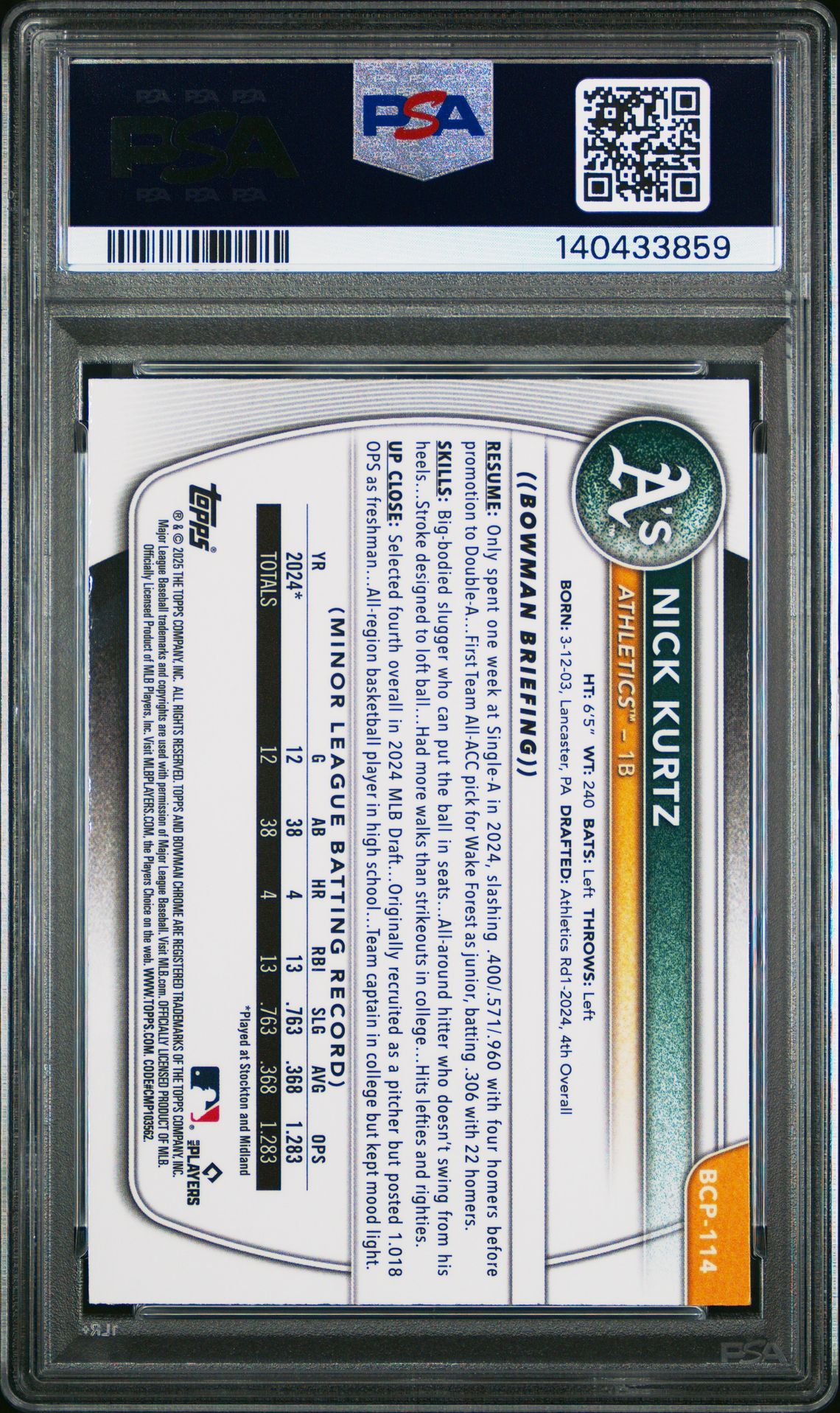 2025 Bowman Mega Box Chrome Prospects Nick Kurtz #114 Gem Mt 10 back