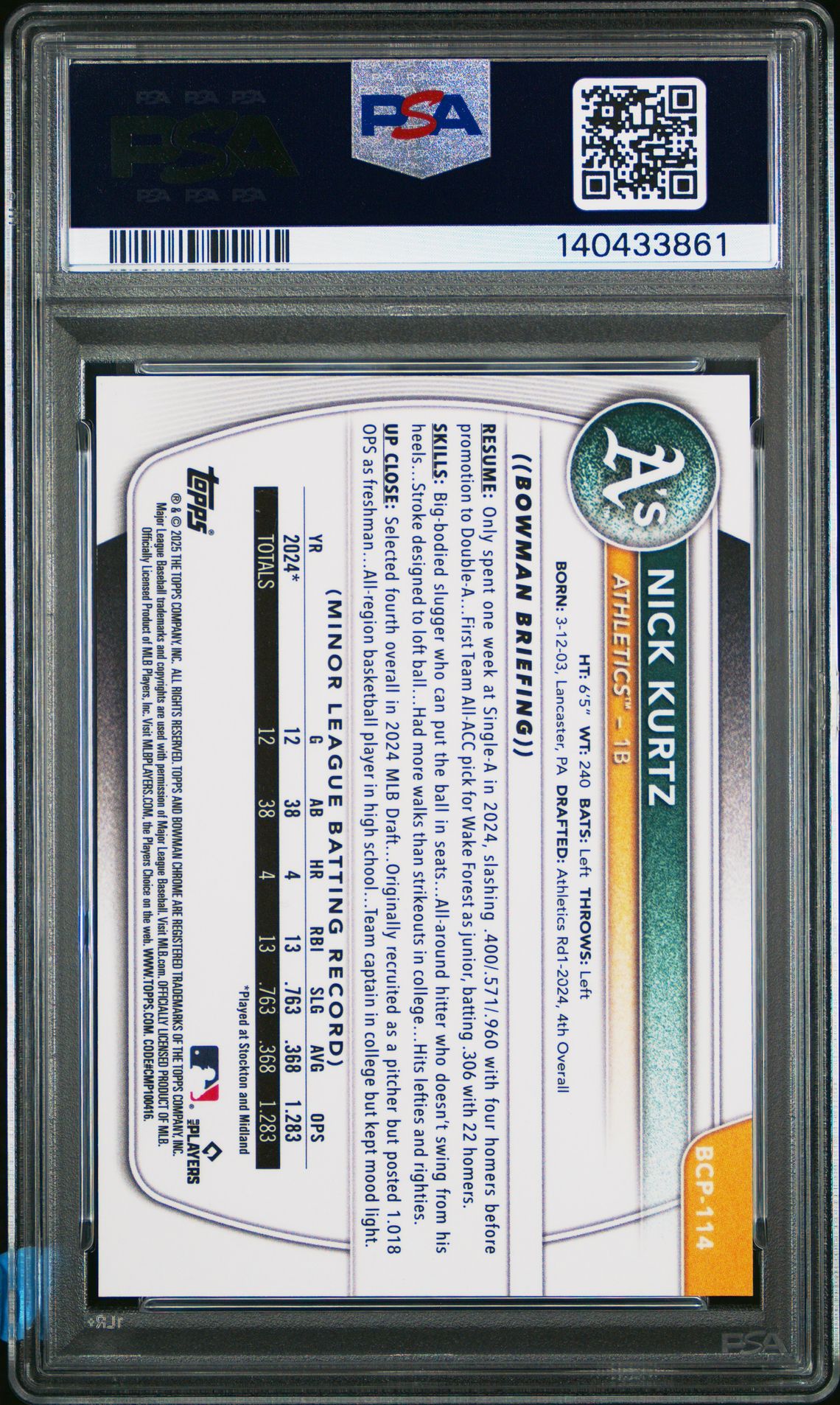 2025 Bowman Chrome Prospects Nick Kurtz #Bcp114 (Chrome Pros-Lava Ref) Gem Mt 10 back