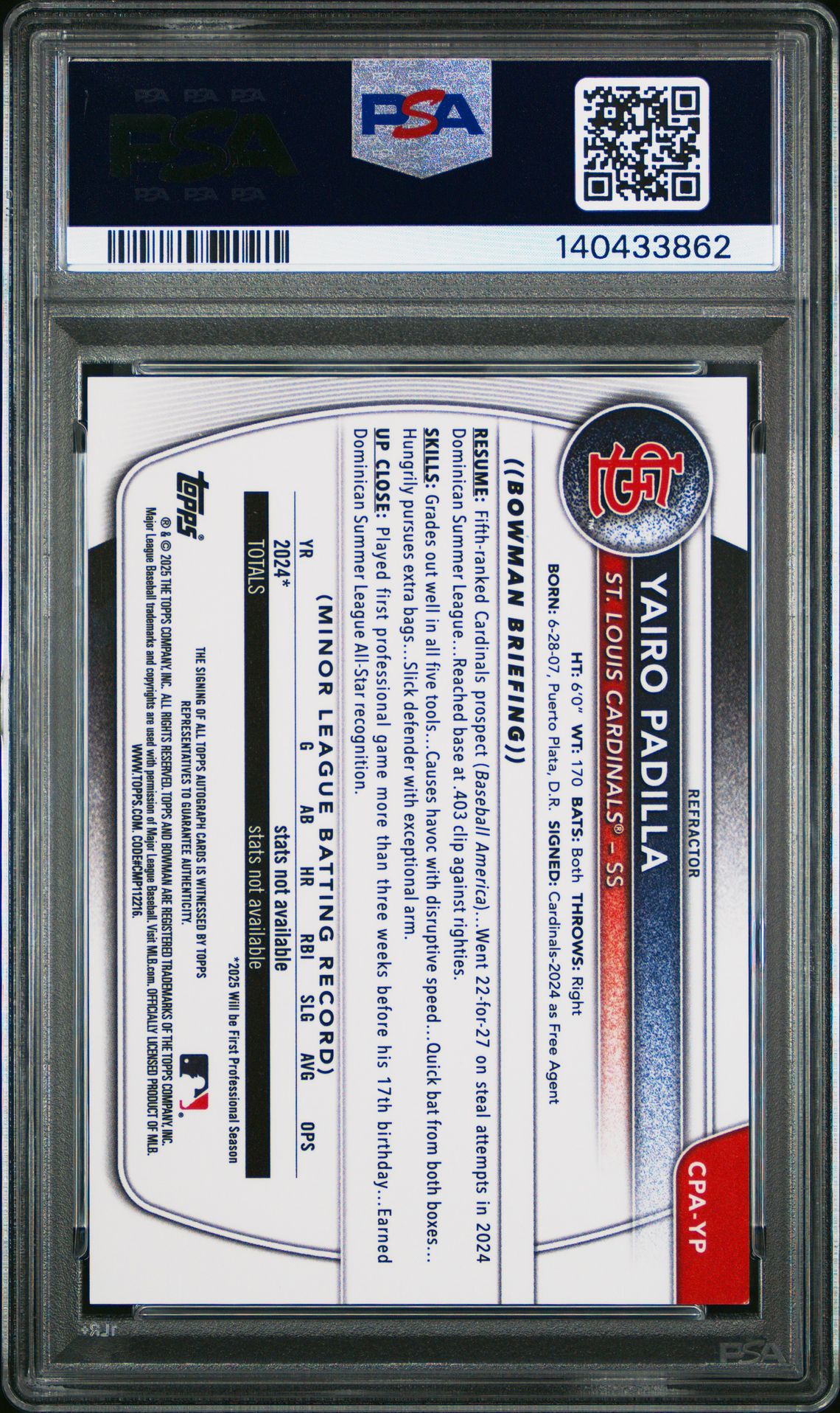 2025 Bowman Chrome Prospect Autographs Yairo Padilla #Cpayp (Chrome Pros Au-Refractor) Mint 9 back