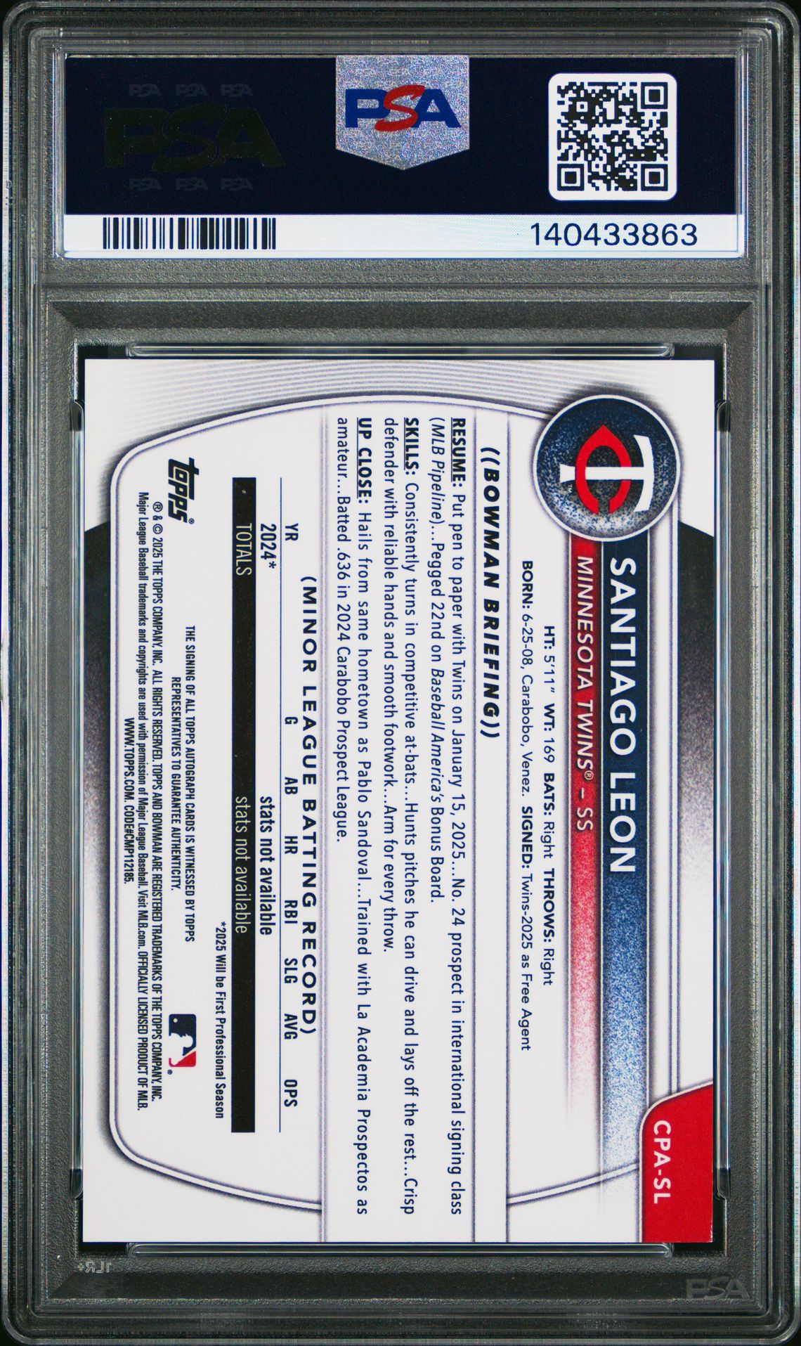 2025 Bowman Chrome Prospect Autographs Santiago Leon #Cpasl (Chr Pros Auto-Blue Reptilian) Mint 9 back