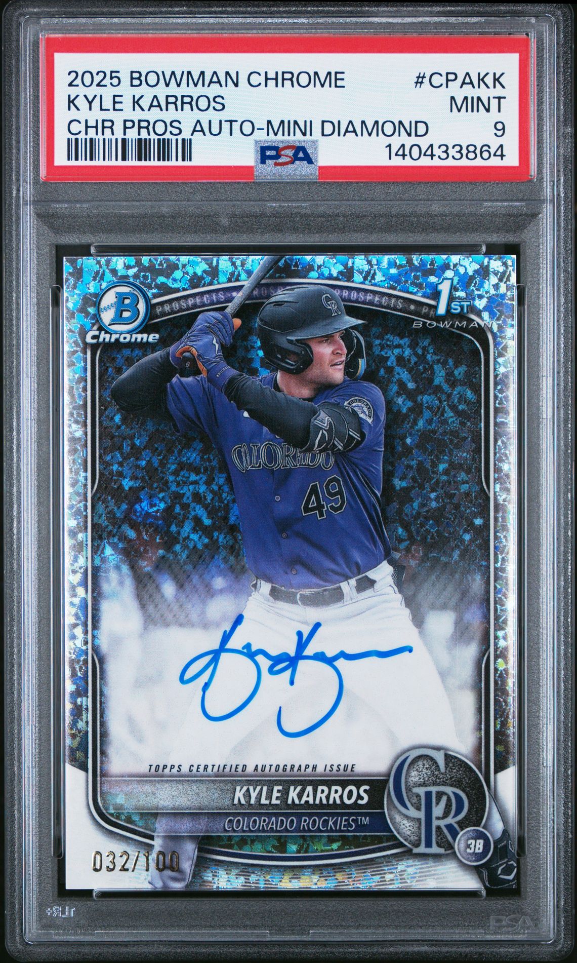 2025 Bowman Chrome Prospect Autographs Kyle Karros #Cpakk (Chr Pros Auto-Mini Diamond) Mint 9 front